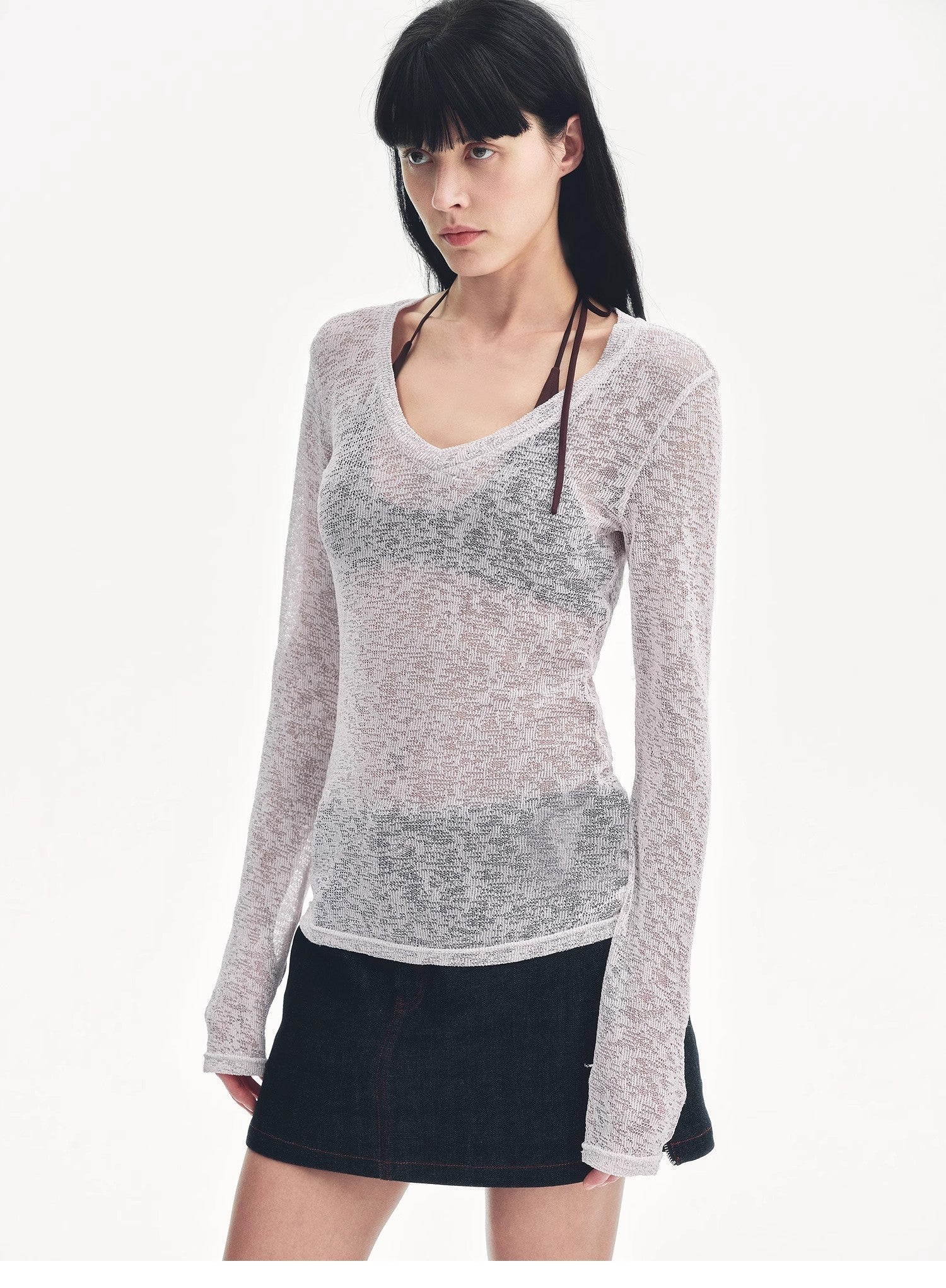 "Spring Old Dream" Loose and versatile slightly hollow V-neck straight shoulder top-4