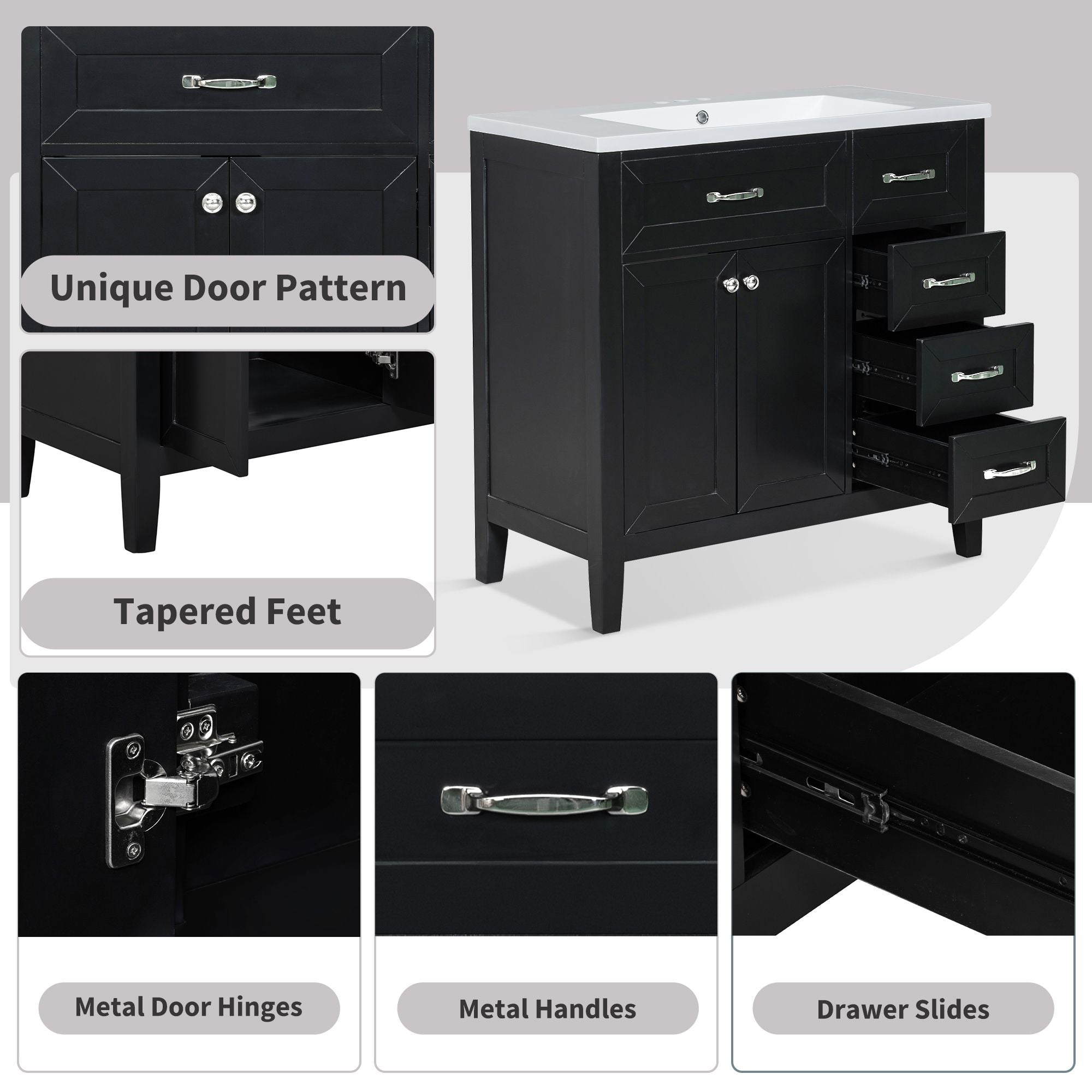 36\" Bathroom Vanity with Sink Combo, Black Bathroom Cabinet with Drawers, Solid Frame and MDF Board