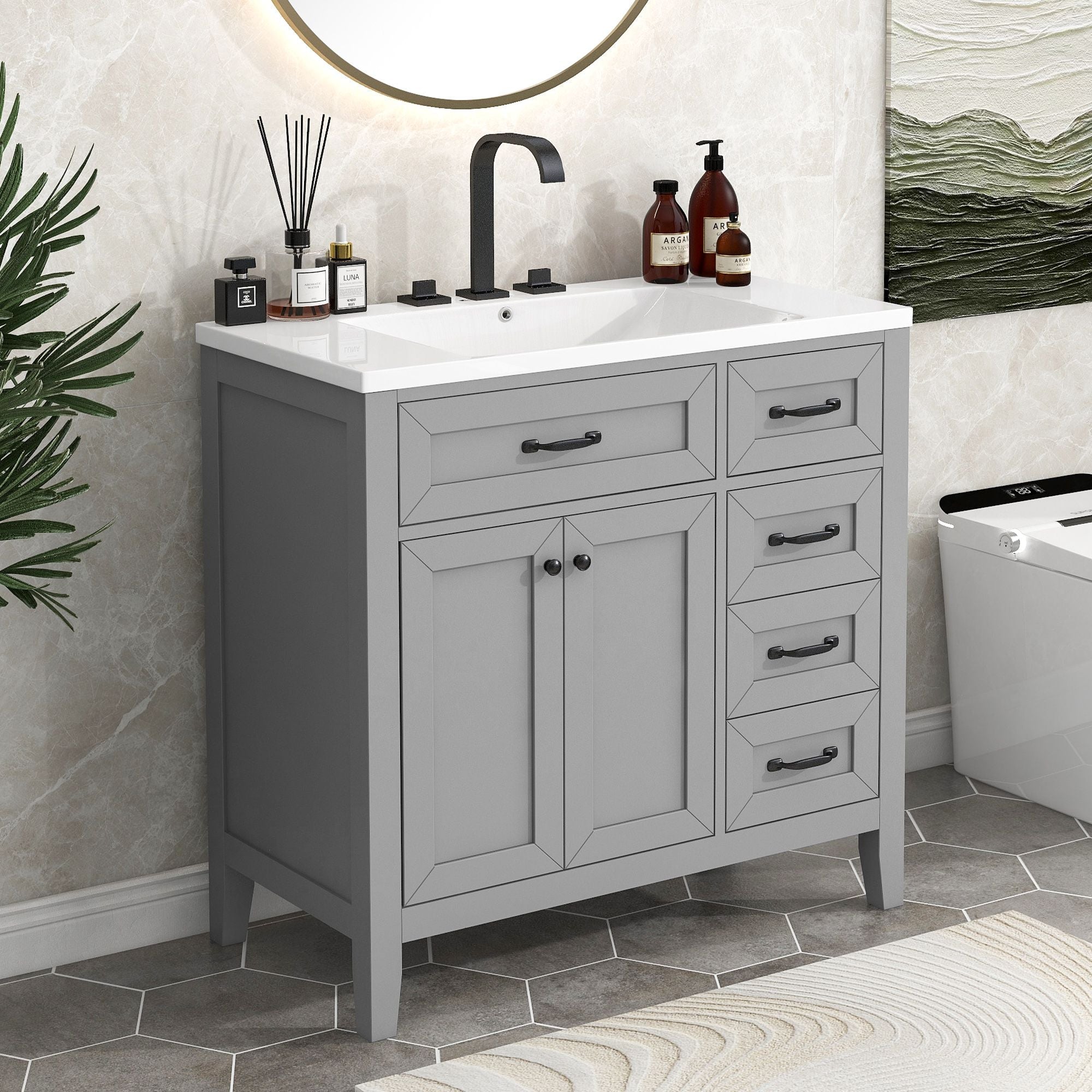 36\" Bathroom Vanity with Sink Combo, Black Bathroom Cabinet with Drawers, Solid Frame and MDF Board