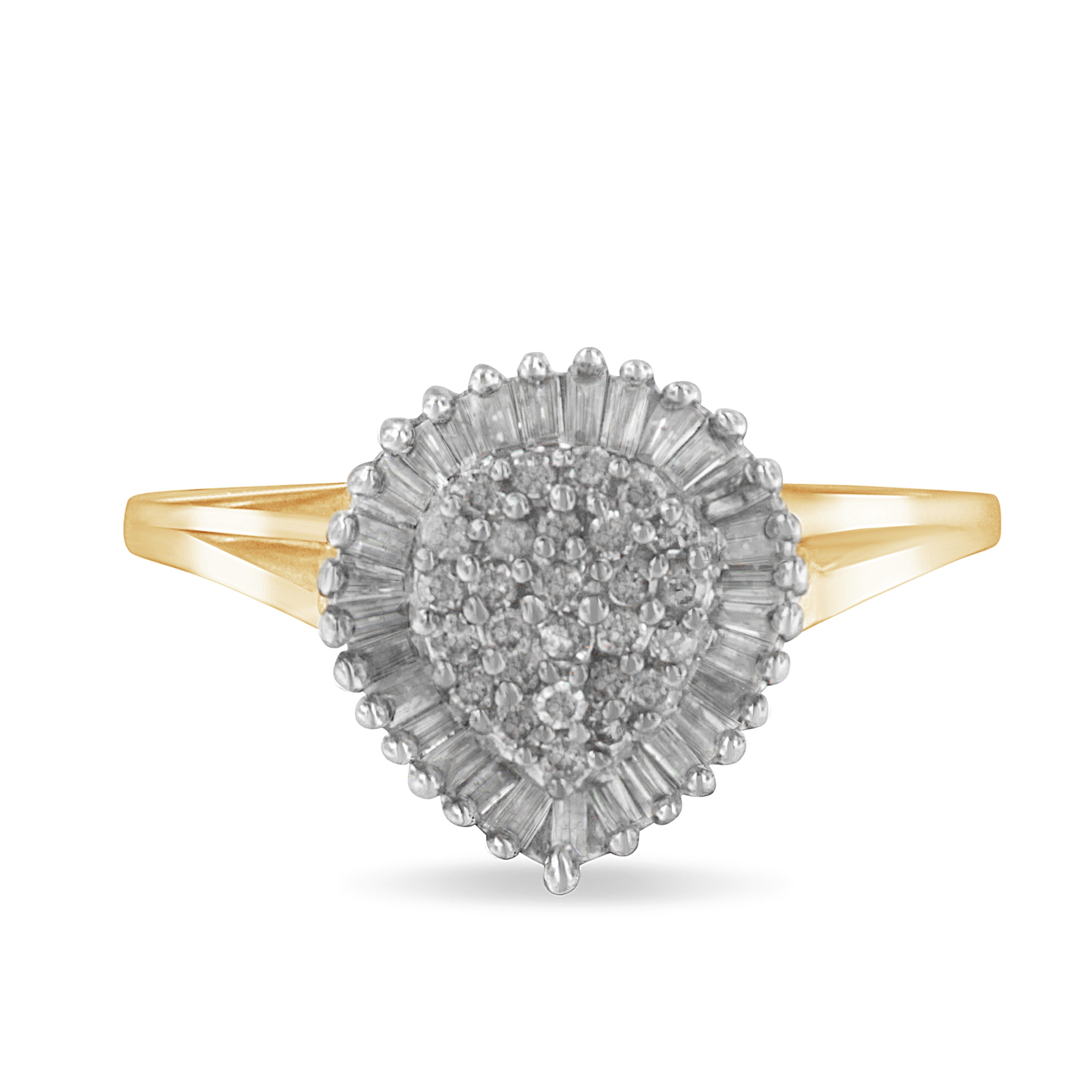 10K Yellow Gold 1/2 Cttw Round & Baguette Cut Diamond Pear Shaped Domed Pavé Cluster With Halo Cocktail Ring (J-K Color, I1-I2 Clarity) - Size 4-1/4