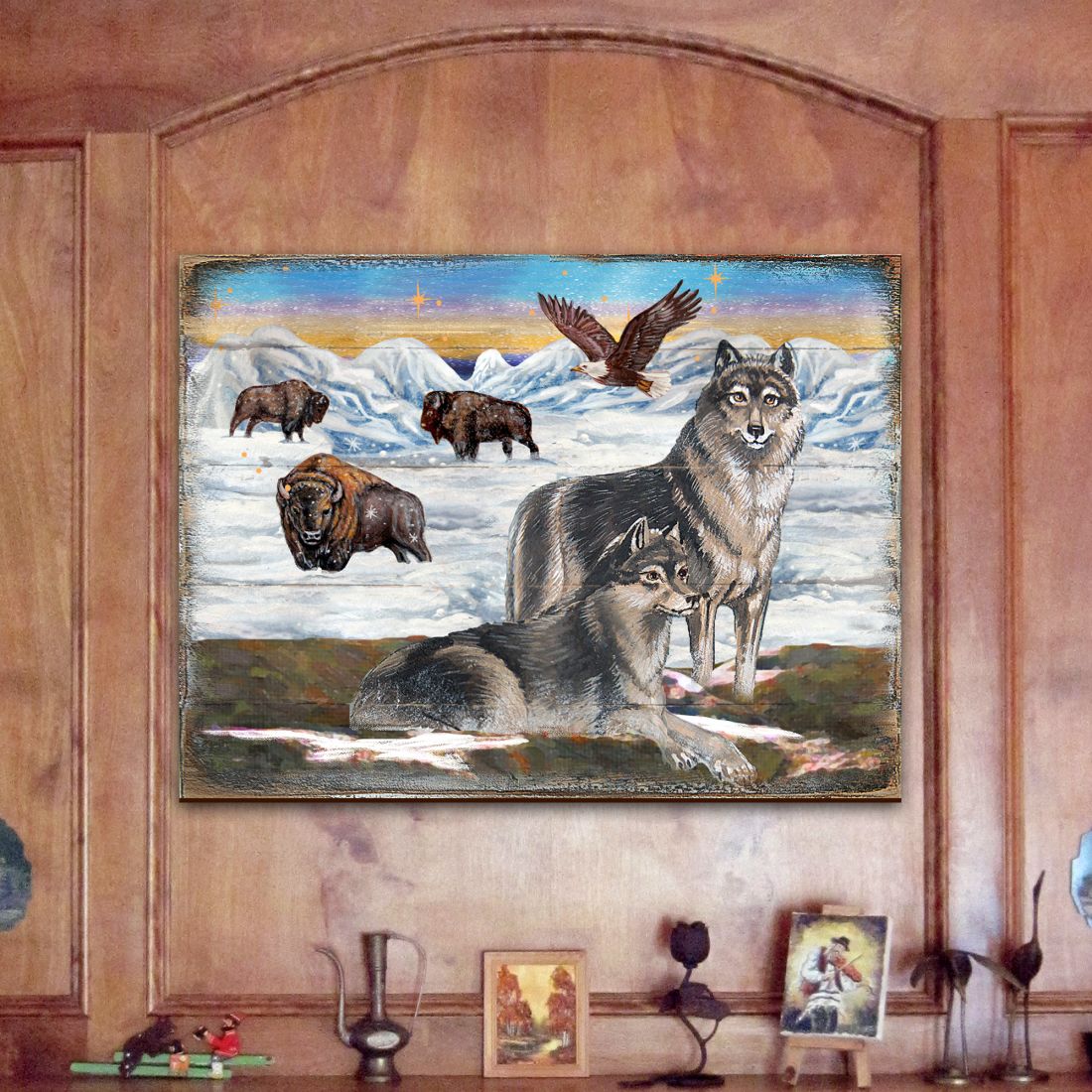Winter Wolves Art Wooden Wall Art by Nature Wonders - Nature Wildlife Decor - 95222B