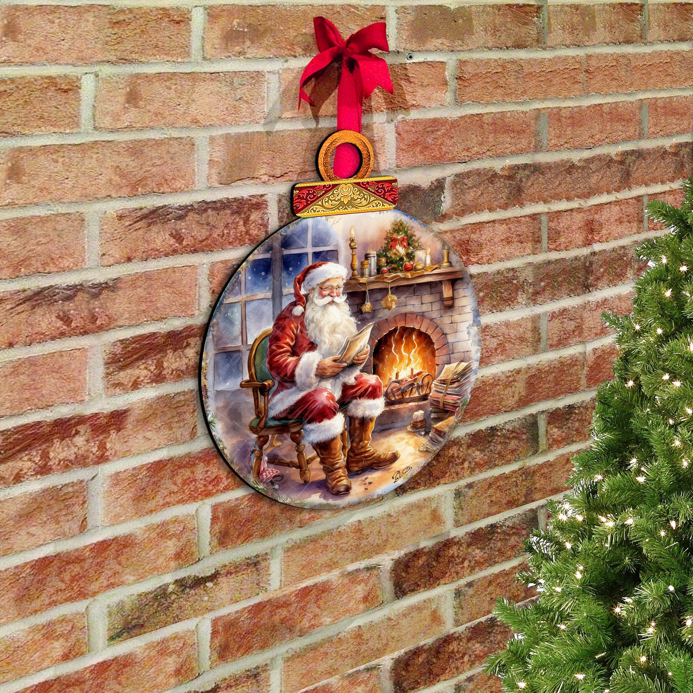 Santa at the Fireplace Wreath Holiday Door Decor by G. Debrekht - Christmas Santa Snowman Decor - 8611089-2H