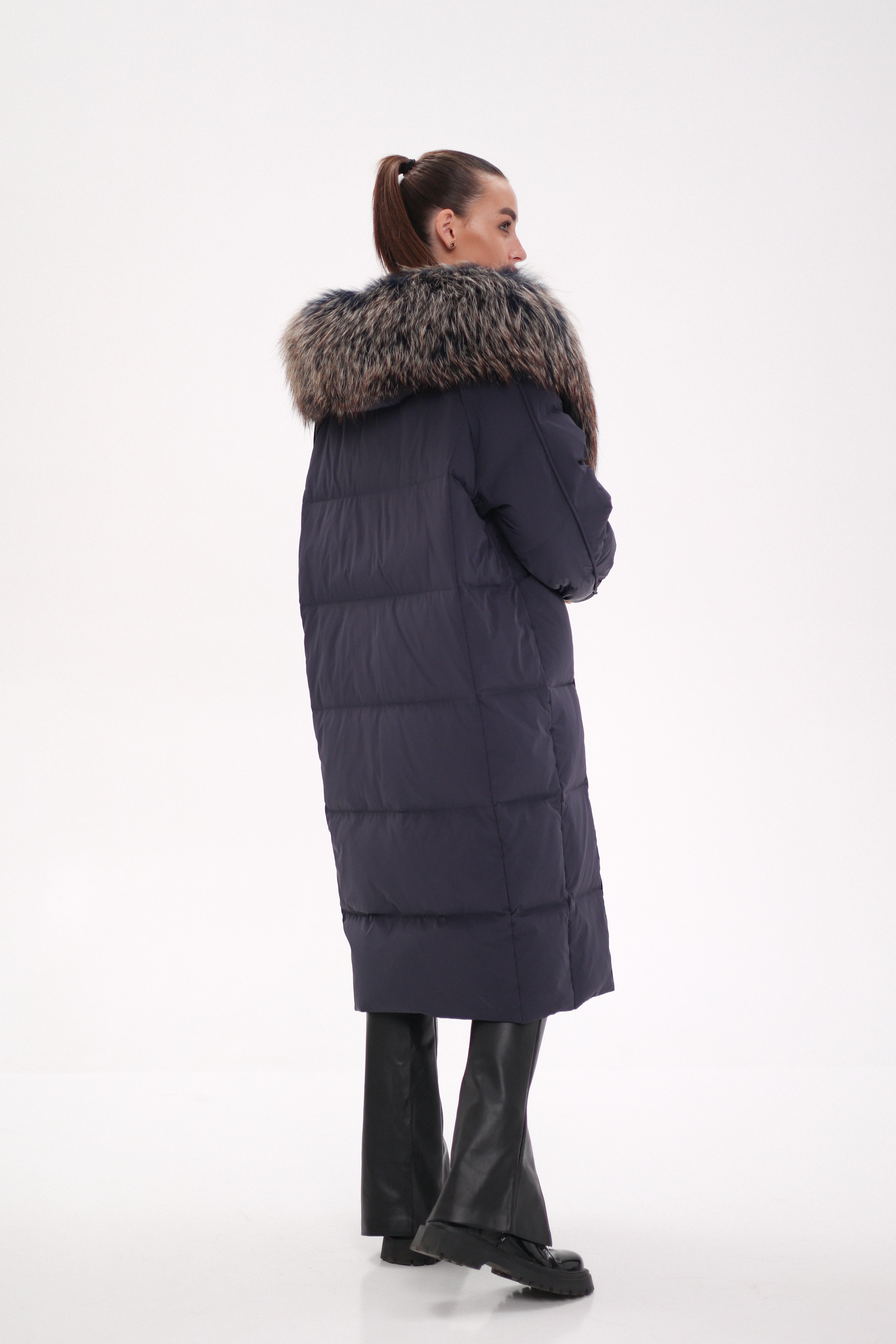 Rei Genuine Fur Trim Hooded Down Coat in Navy