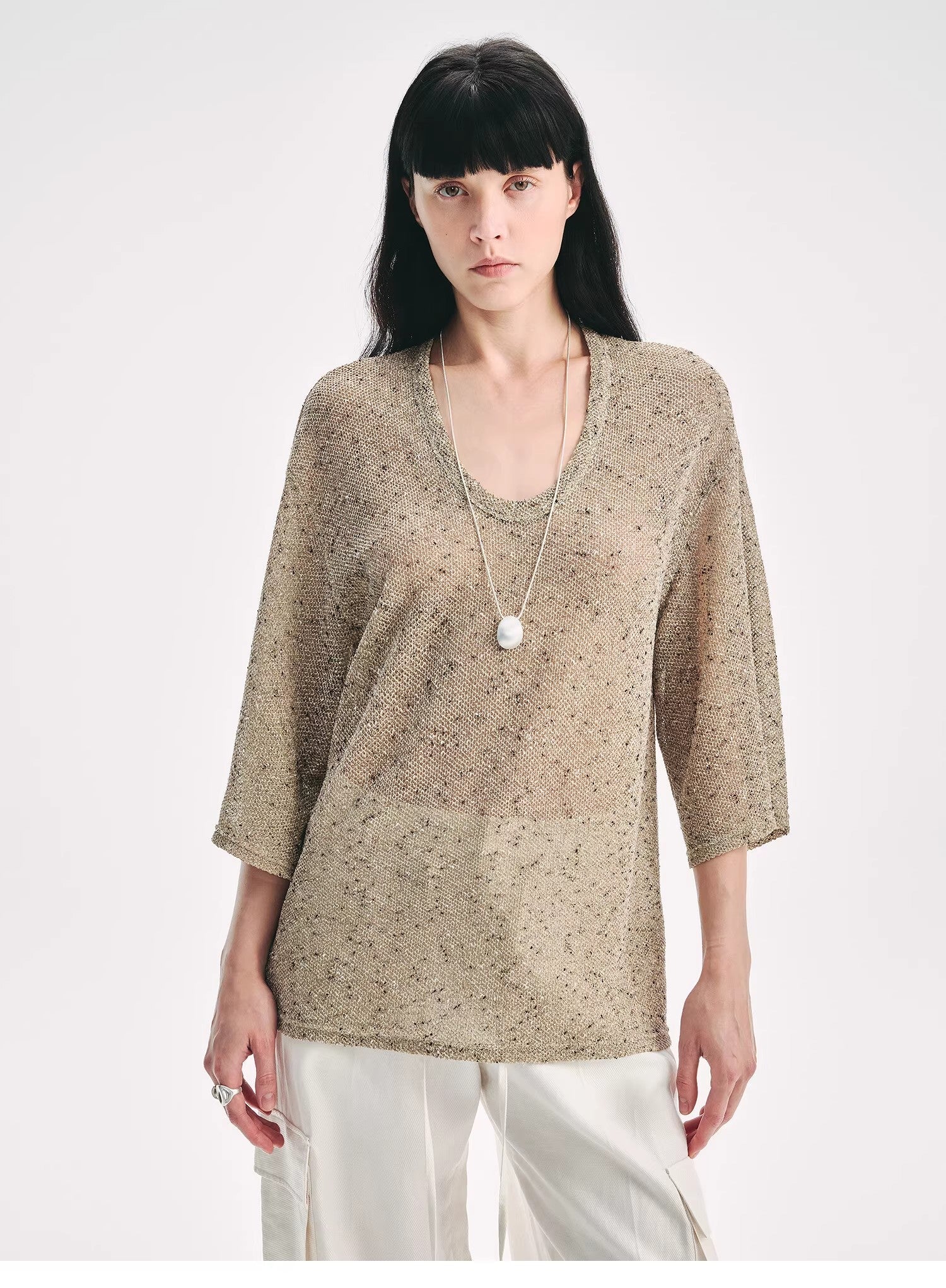Loose U-neck 3/4 sleeve cotton and linen T-shirt summer"Inspiration Starts"-6