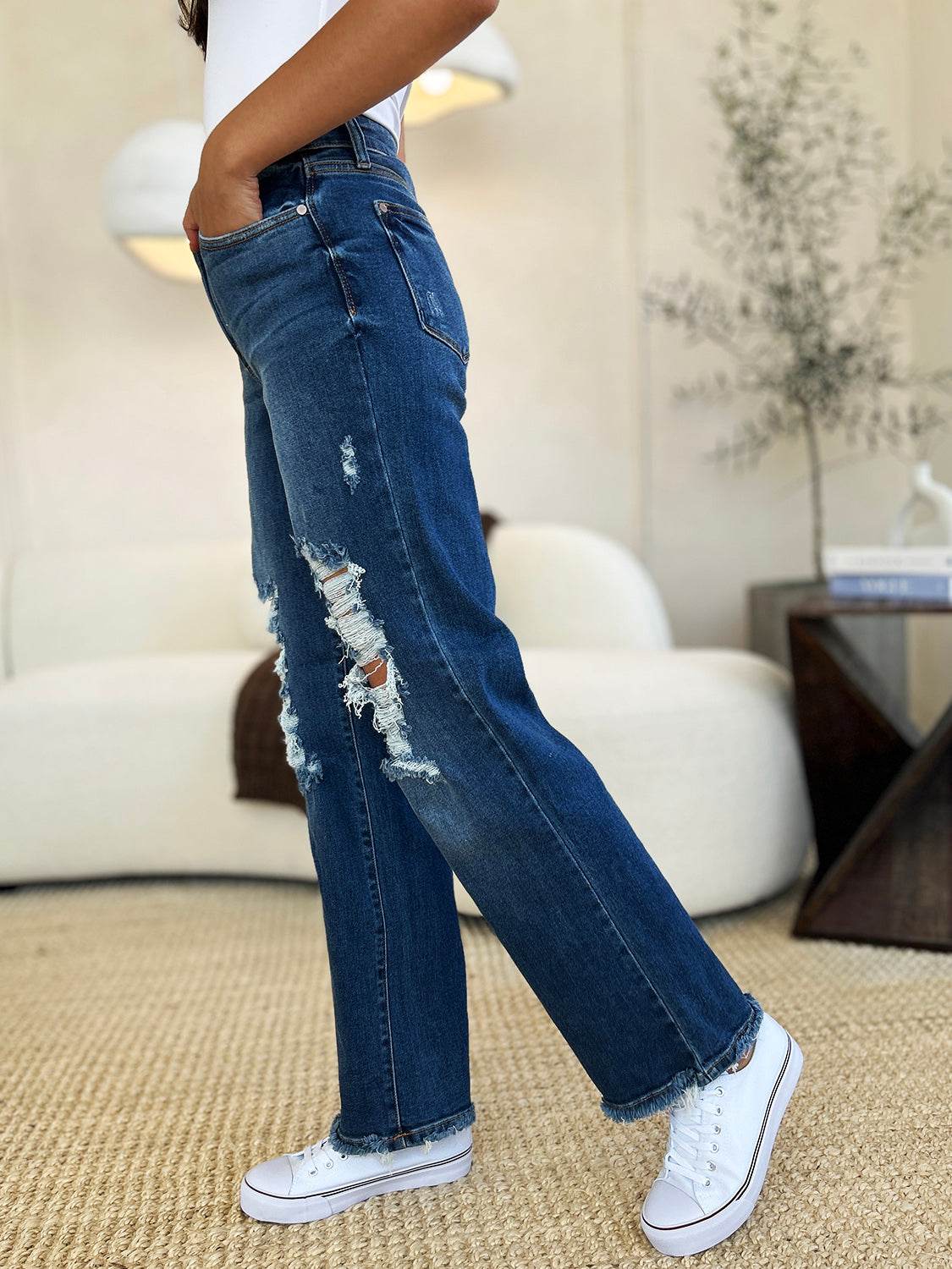 Judy Blue Full Size Mid Rise Distressed Raw Hem Women Jeans