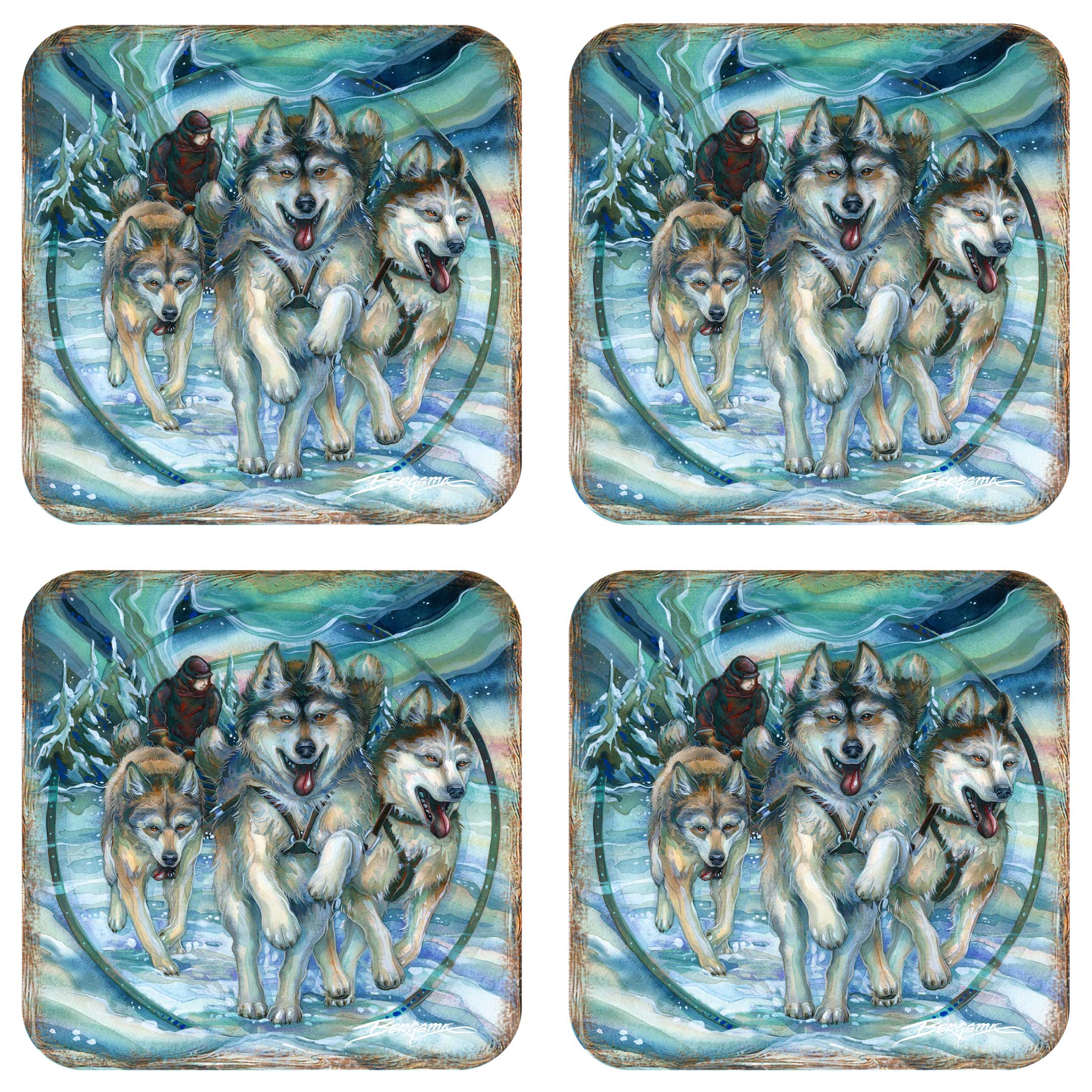 Northern Night Wooden Cork Coasters Gift Set of 4 by J. Bergsma - Wildlife Decor - 8199468C-S4