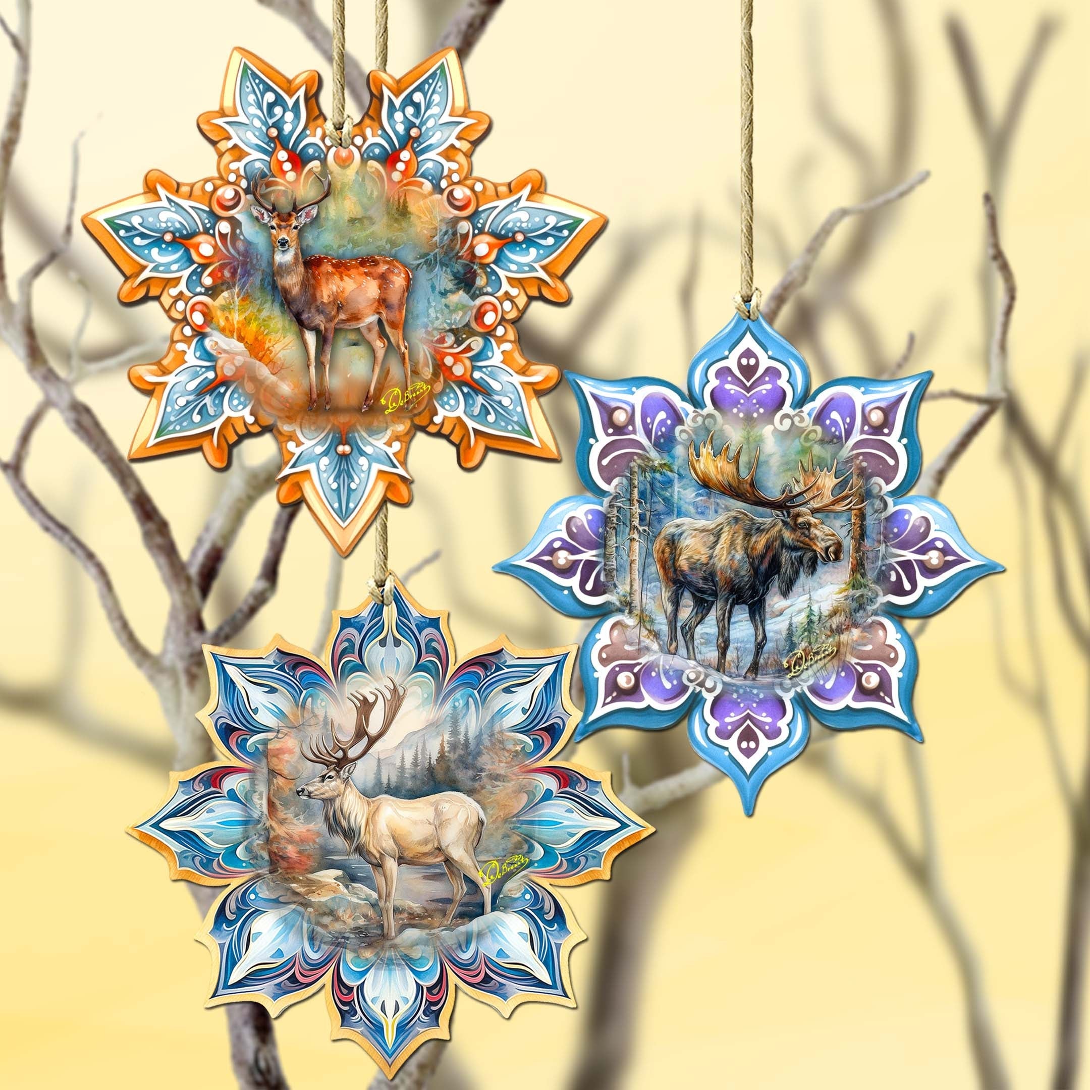 Forest Animals Snowflake Wooden Ornaments Set of 3 by G. Debrekht - Nature Wildlife Decor - 8090145-S3