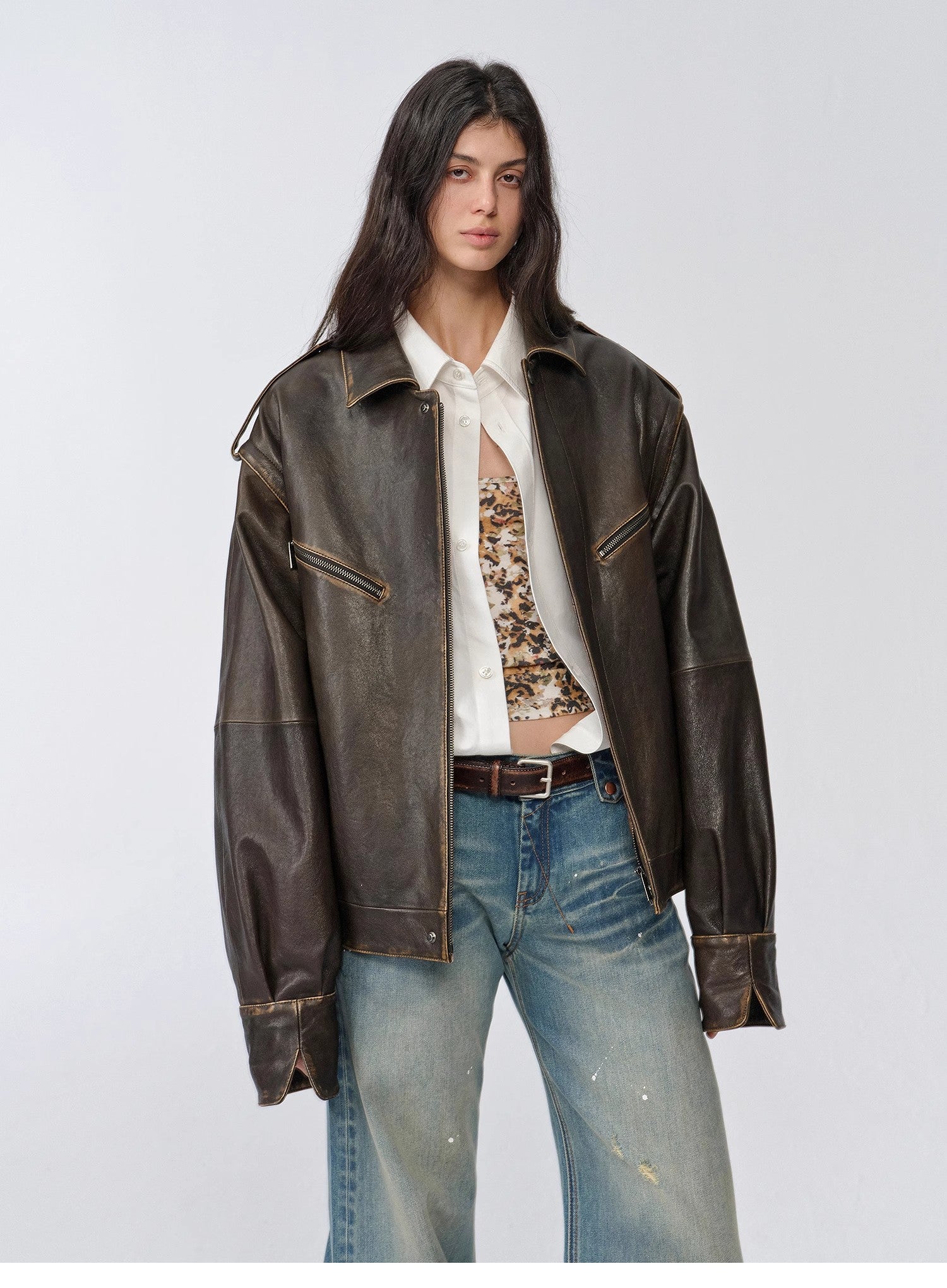 "Barn Feelings" Vintage distressed vegetable tanned sheepskin sleeves removable two-way genuine leather jacket-4