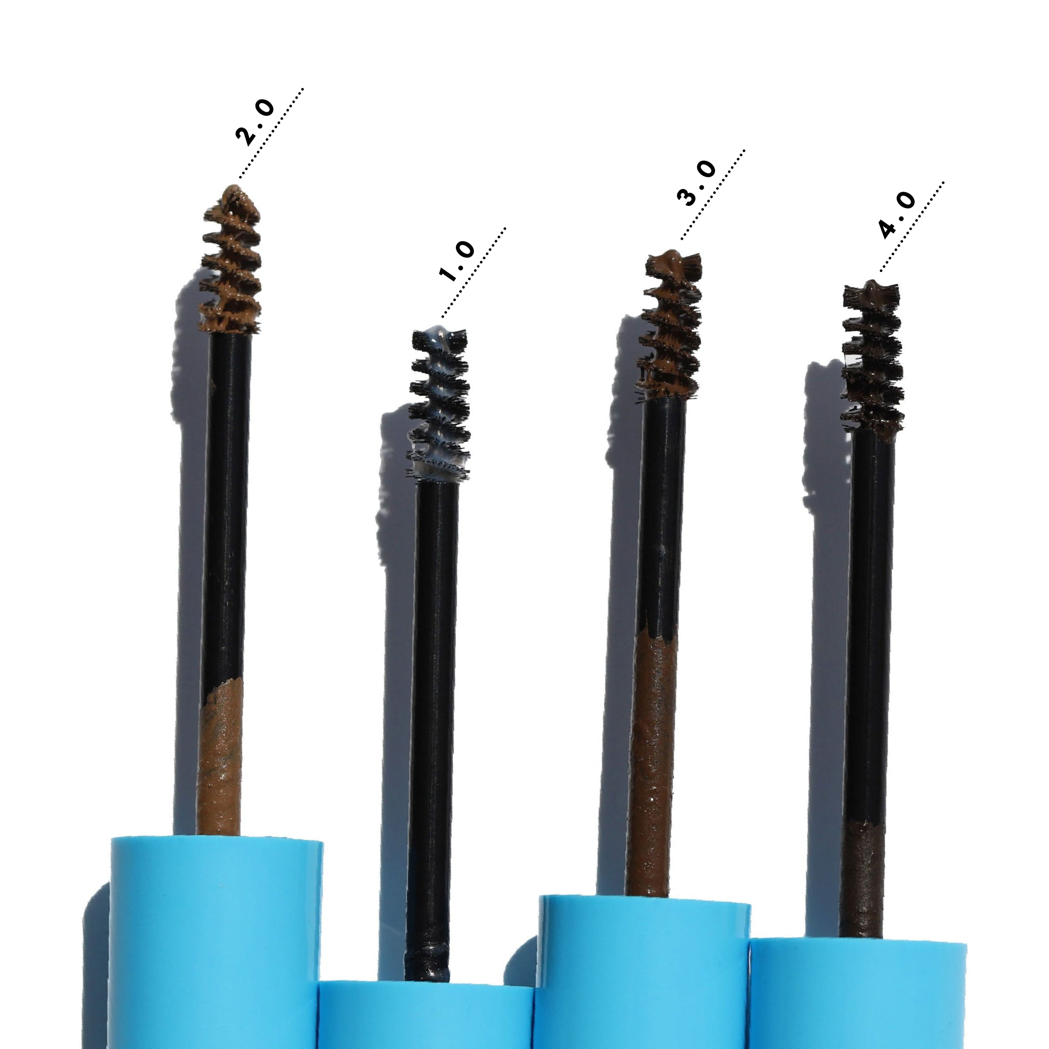 Four shades of Get-Fluffed Brow Gel displayed in blue containers with labeled spoolies showing shades 1.0 (white), 2.0 (dark blonde to light brown), 3.0 (medium brown), and 4.0 (dark brown to soft black).