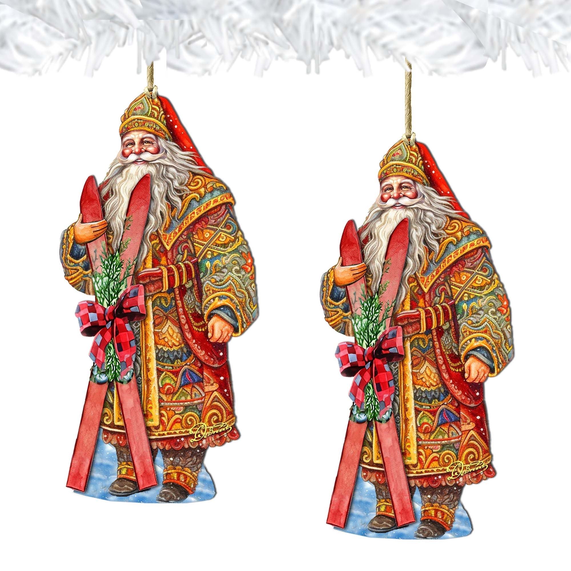 Santa's Skiing Adventure Wooden Ornaments by G. Debrekht - Christmas Santa Snowman Decor - 8691403