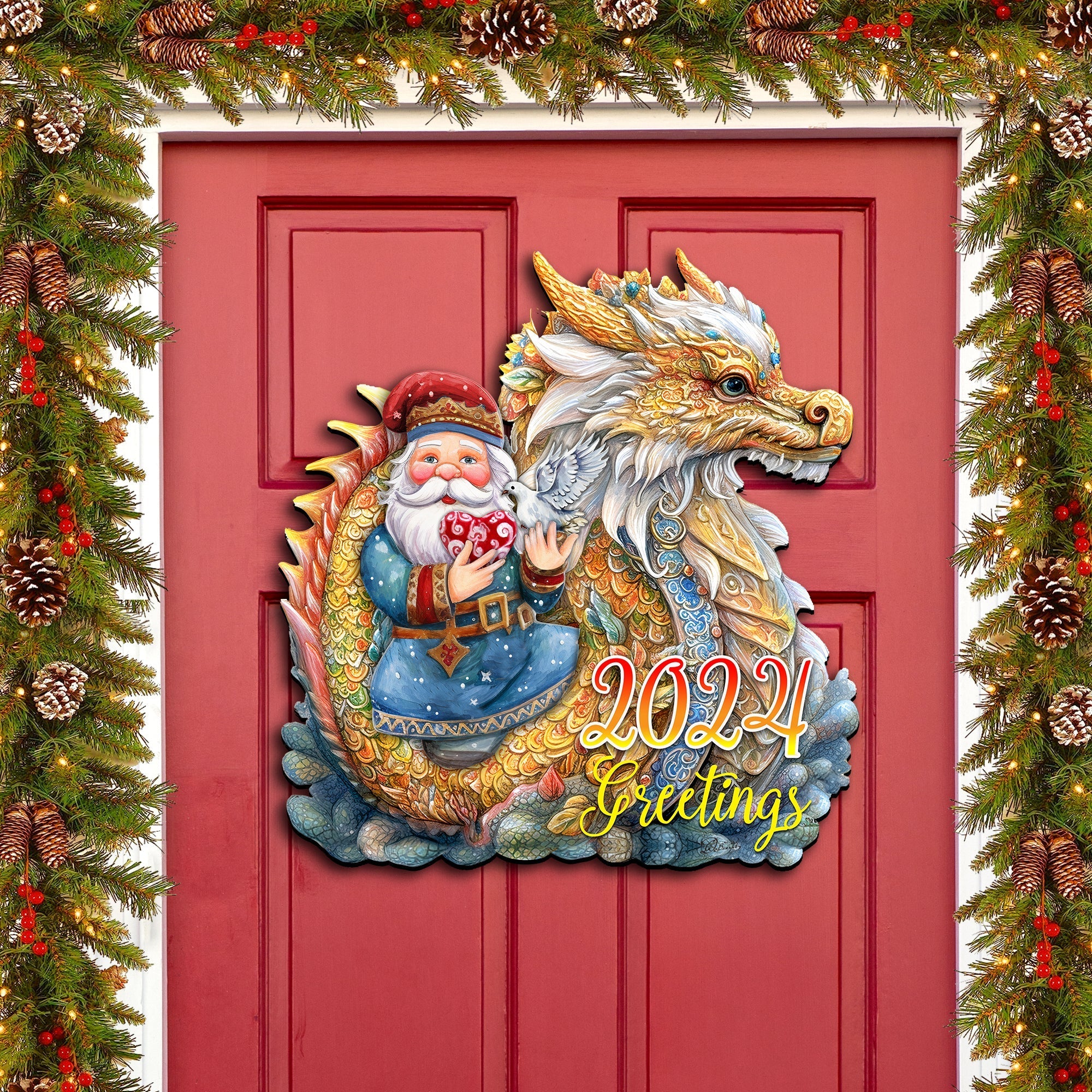 2024 Dated Santa with Dragon Holiday Door Decor by G. Debrekht - Christmas Santa Snowman Decor - 8611088H