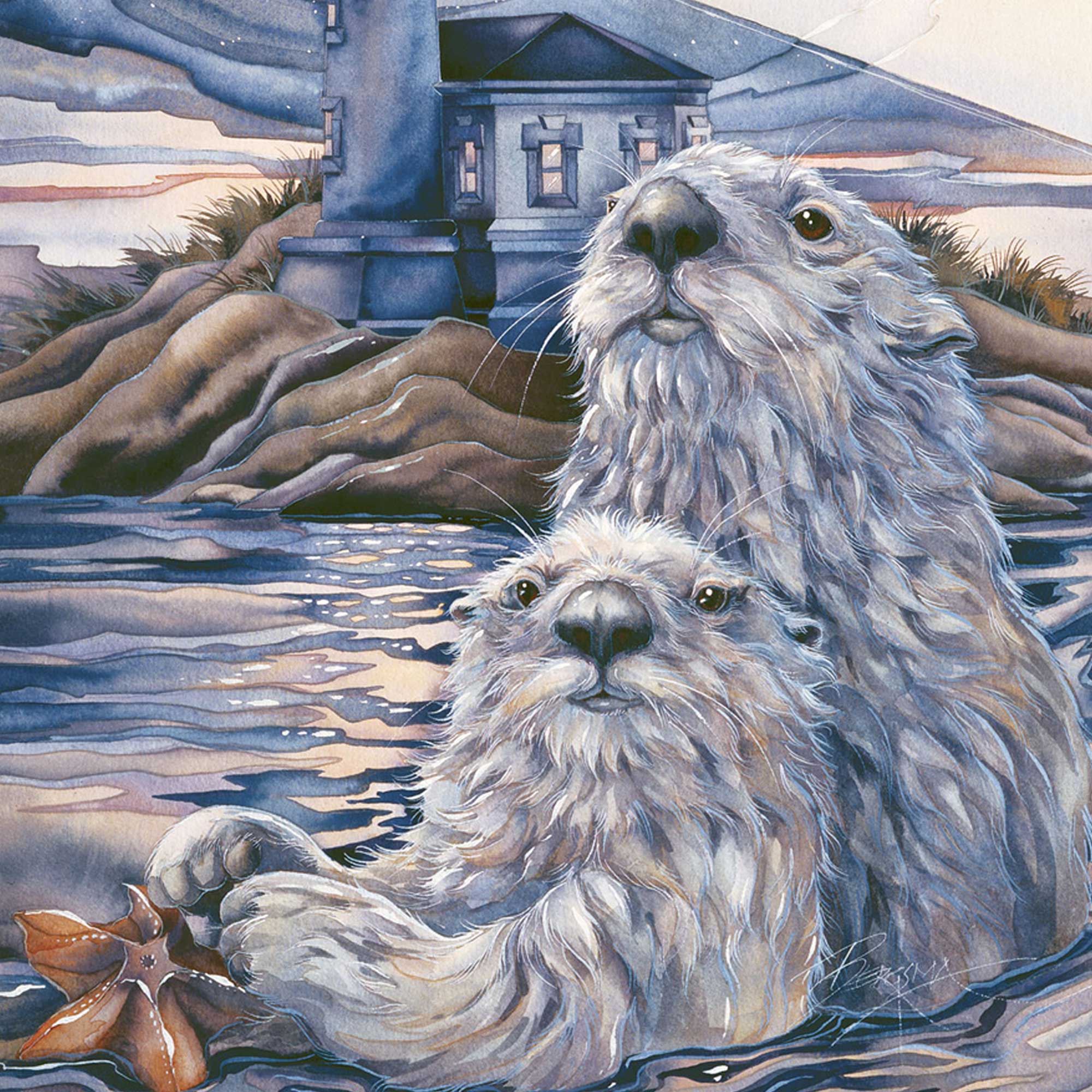 Starlight Otter Lighthouse Wooden Wall Art by J. Bergsma - Nature Wildlife Décor - 85922572B-JB