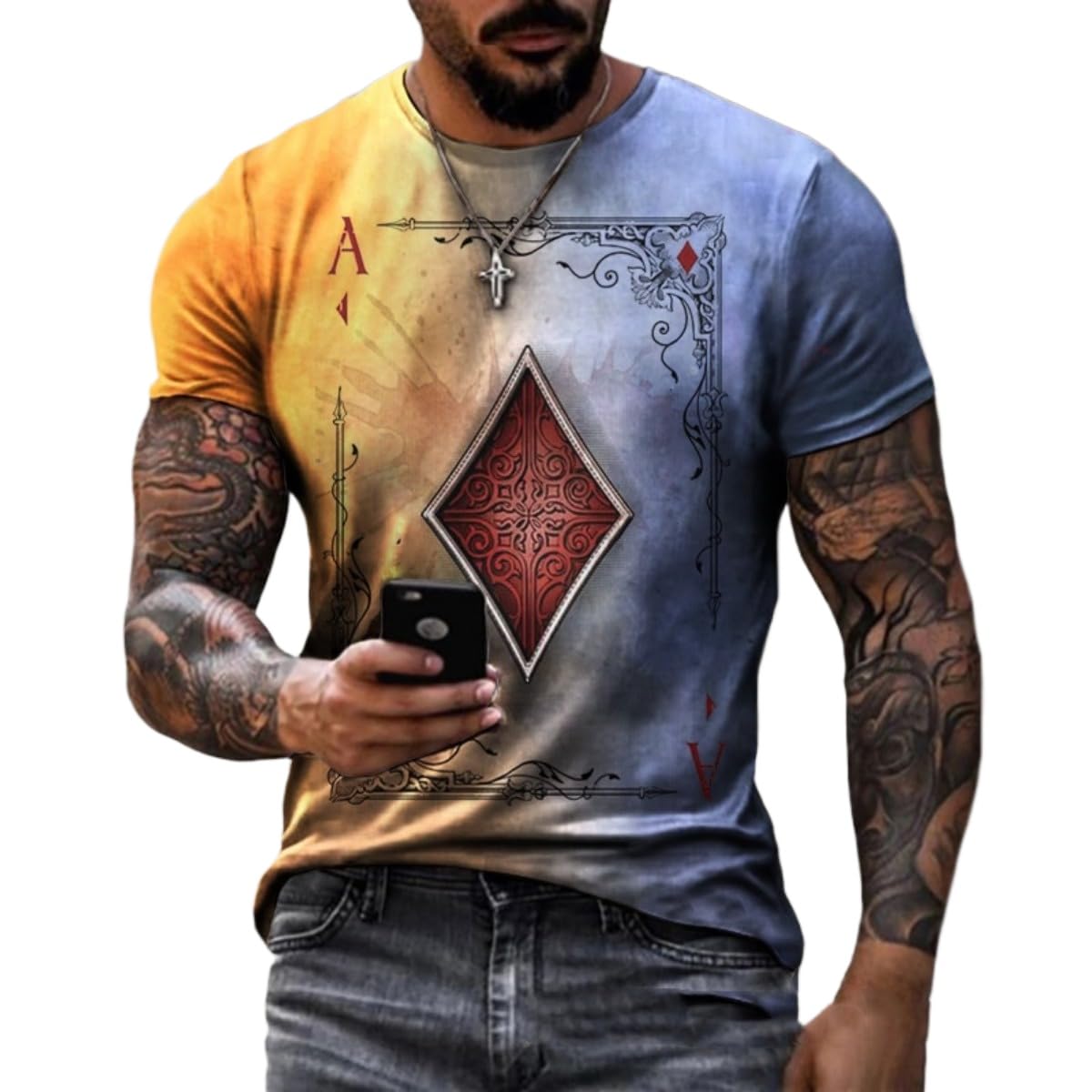 3D Mens Graphic Tees Casual Short Sleeve Crewneck Funky Tshirt Poker Pattern Vintage Funny Casual T Shirts