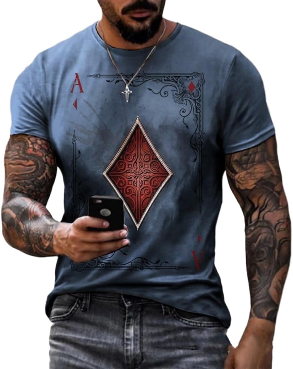3D Mens Graphic Tees Casual Short Sleeve Crewneck Funky Tshirt Poker Pattern Vintage Funny Casual T Shirts