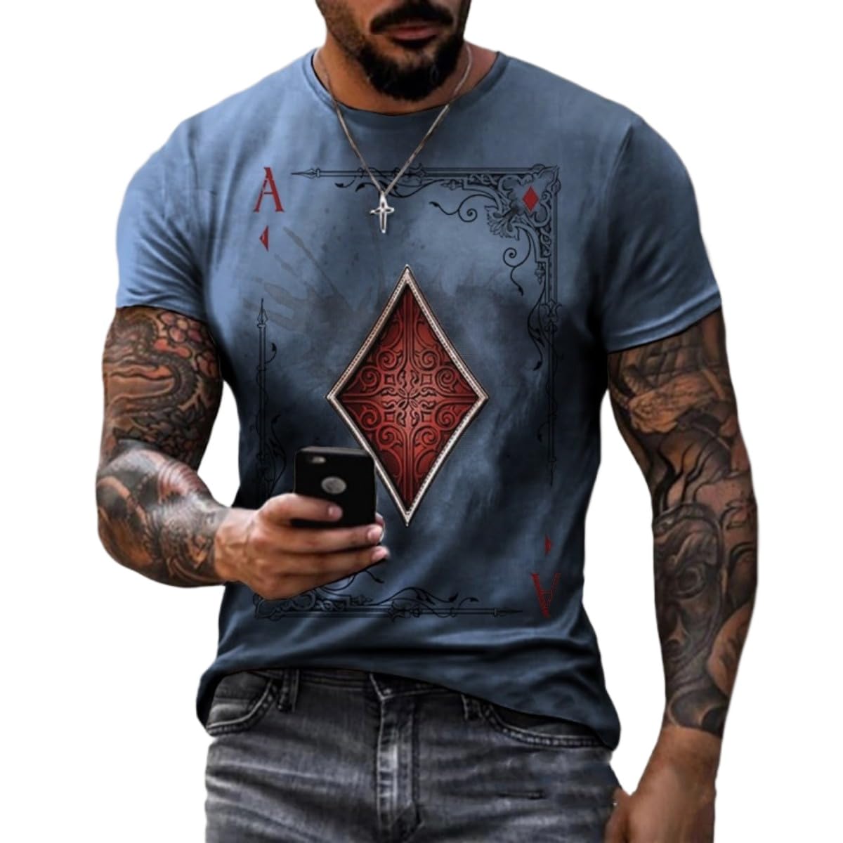 3D Mens Graphic Tees Casual Short Sleeve Crewneck Funky Tshirt Poker Pattern Vintage Funny Casual T Shirts