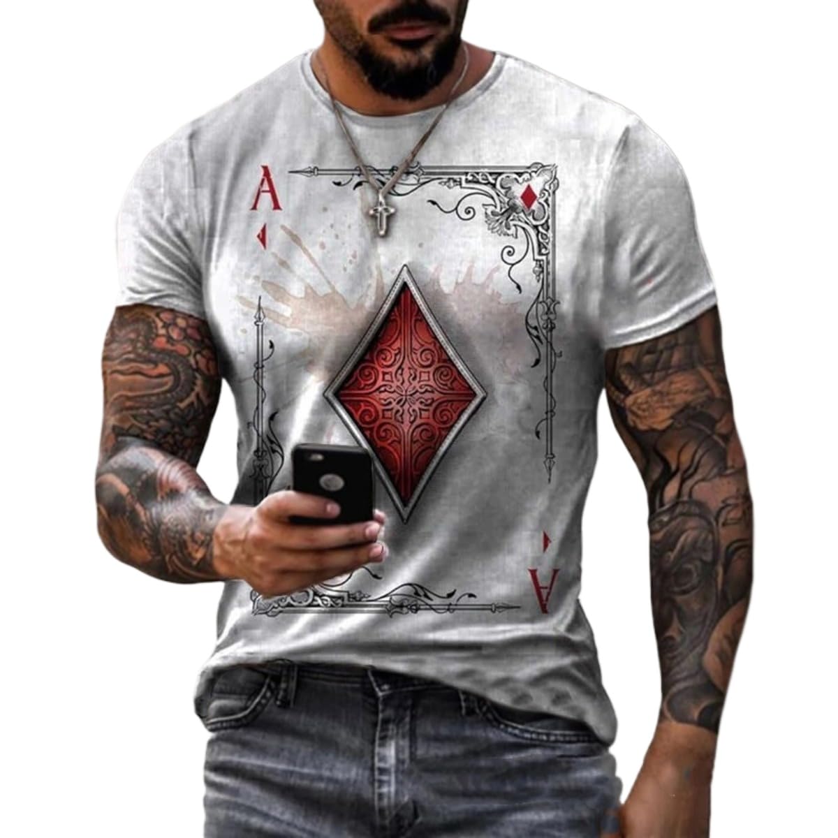 3D Mens Graphic Tees Casual Short Sleeve Crewneck Funky Tshirt Poker Pattern Vintage Funny Casual T Shirts