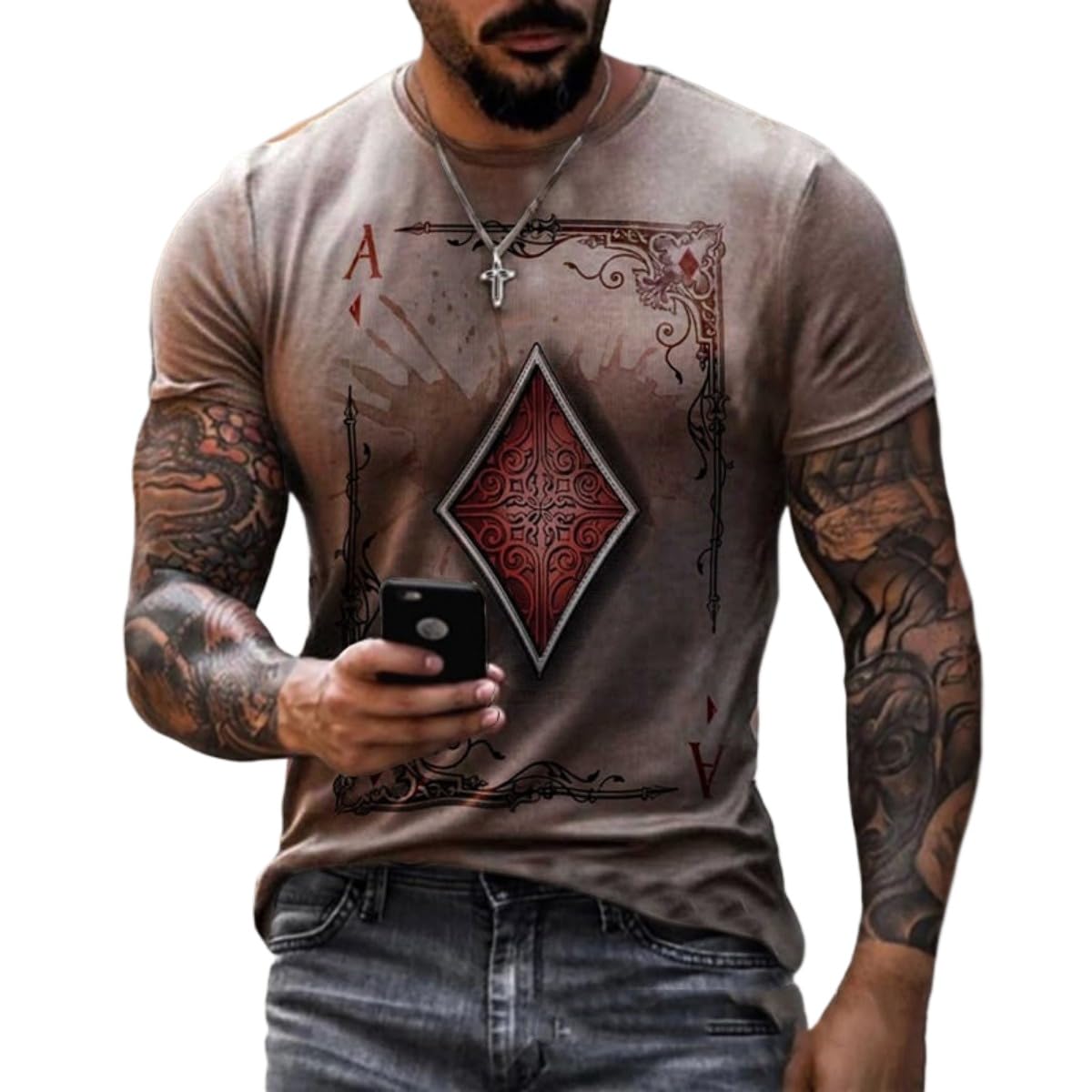 3D Mens Graphic Tees Casual Short Sleeve Crewneck Funky Tshirt Poker Pattern Vintage Funny Casual T Shirts