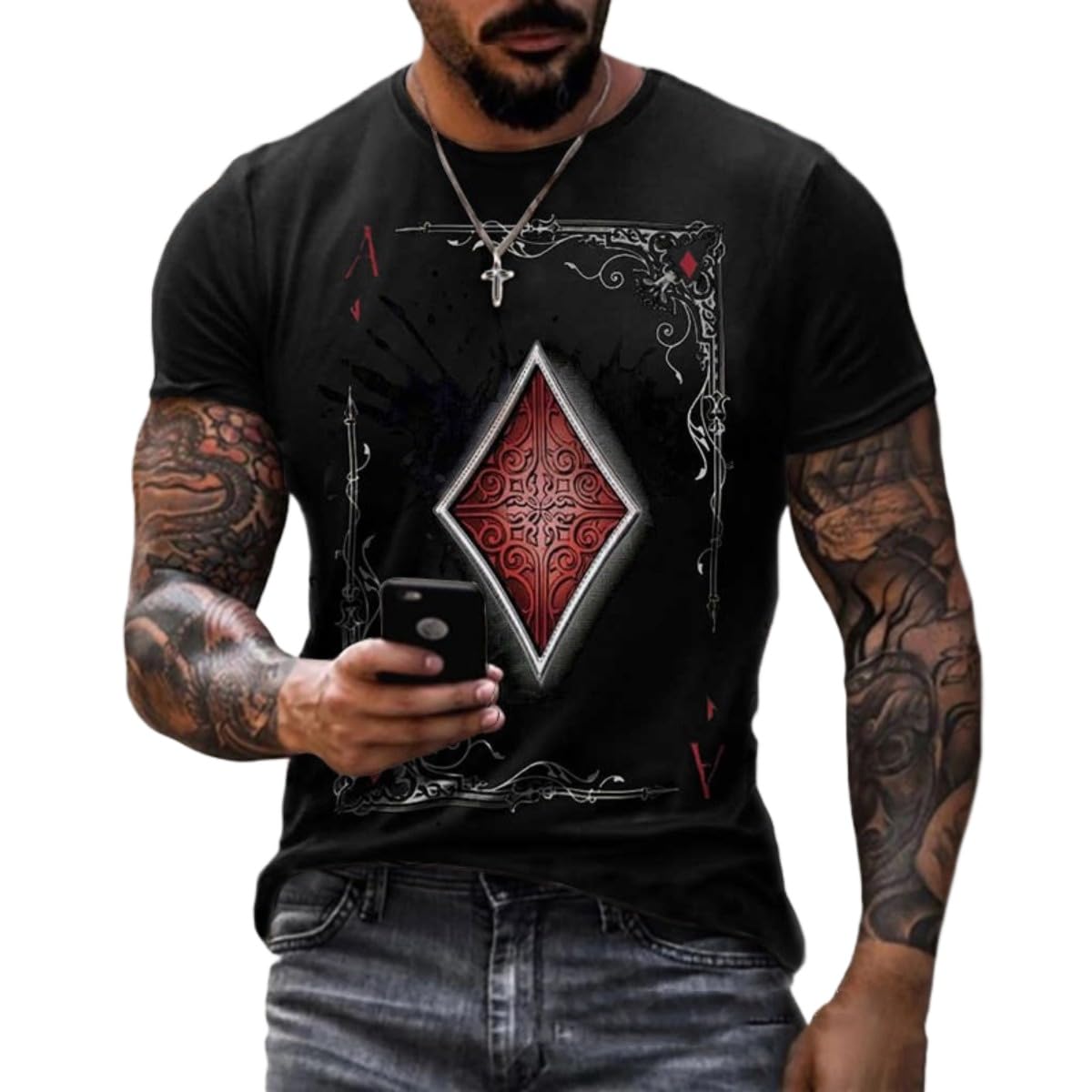 3D Mens Graphic Tees Casual Short Sleeve Crewneck Funky Tshirt Poker Pattern Vintage Funny Casual T Shirts