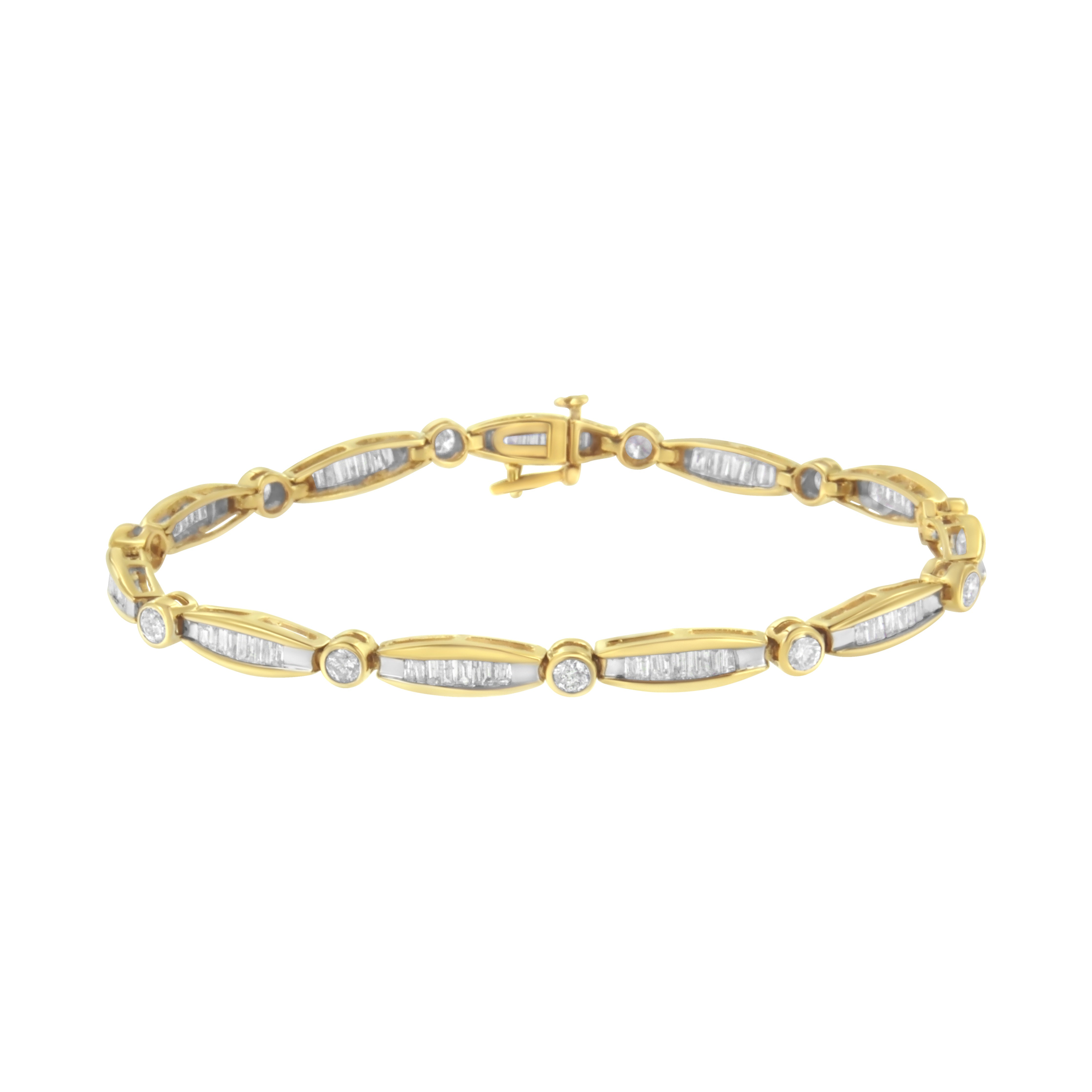 14K Yellow Gold 2.0 Cttw Round Brilliant-Cut & Baguette Cut Diamond Bezel And Tapered Link 7" Tennis Bracelet (H-I Color, Si2-I1 Clarity)