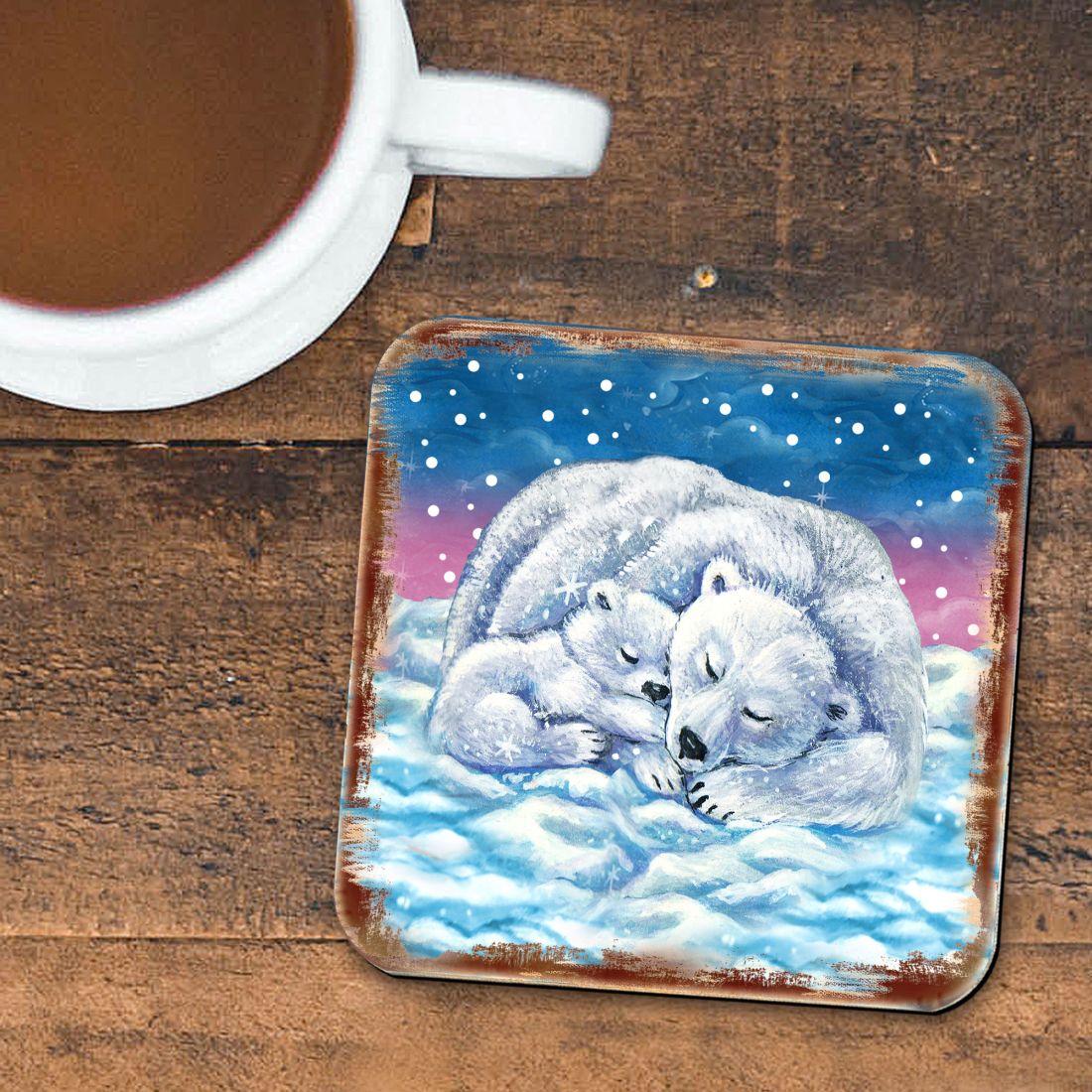 Polar Bears Wooden Cork Coasters Gift Set of 4 by Nature Wonders - Nature Wildlife Decor - 95381C-S4