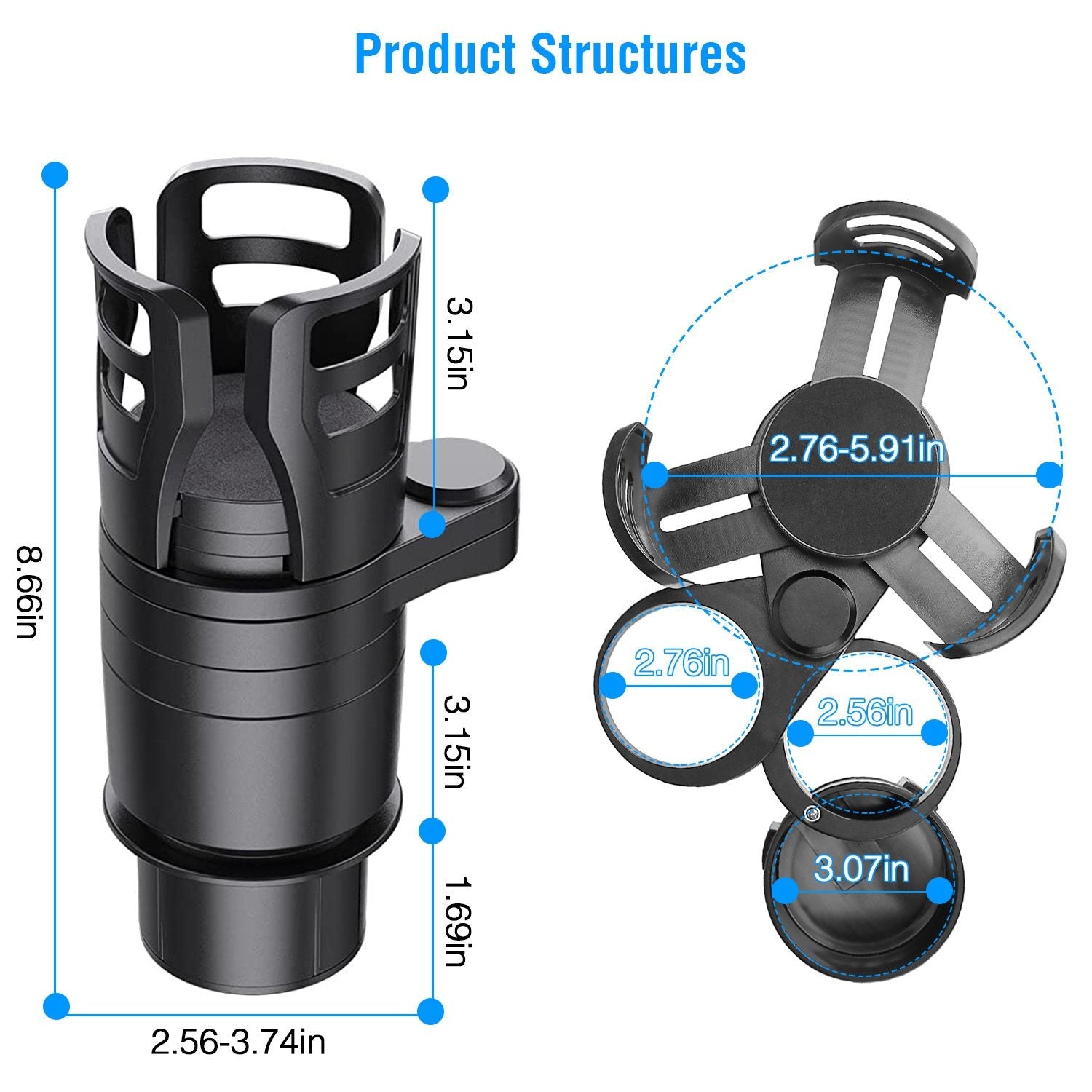4 In 1 Car Cup Holder Expander Adapter Multifunctional Water Cup Mount Stand 360° Rotating Drink Bottle Organizer with Adjustable Base
