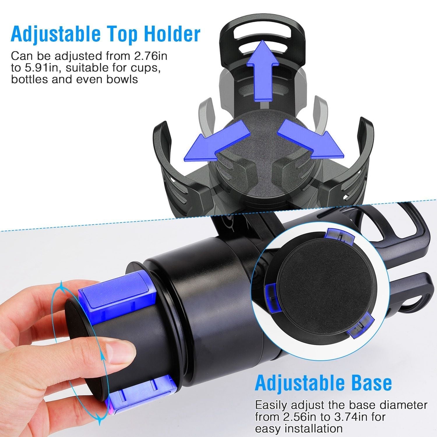 4 In 1 Car Cup Holder Expander Adapter Multifunctional Water Cup Mount Stand 360° Rotating Drink Bottle Organizer with Adjustable Base