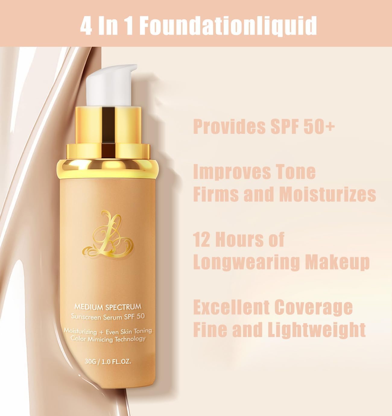 4-in-1 Color Changing Foundation, Medium Spectrum Foundation Makeup, Full Coverage Concealer Color Changing Foundation, Long-Lasting & Waterproof for all Skin, 1 Pack