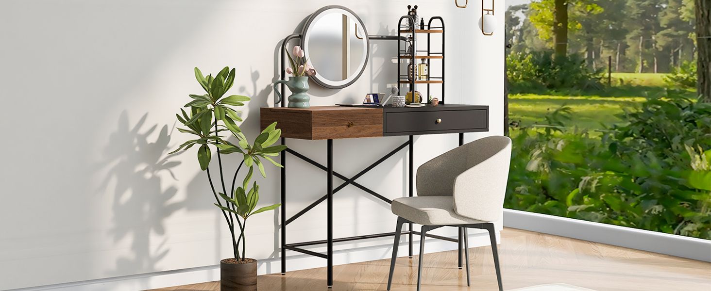 40 inch Makeup Vanity Desk with 3-Mode Lighted Mirror & Wireless Charging Station,Vanity Table with Drawer & 3 Open Shelves for Ample Storage Space,Dressing Table for Bedroom