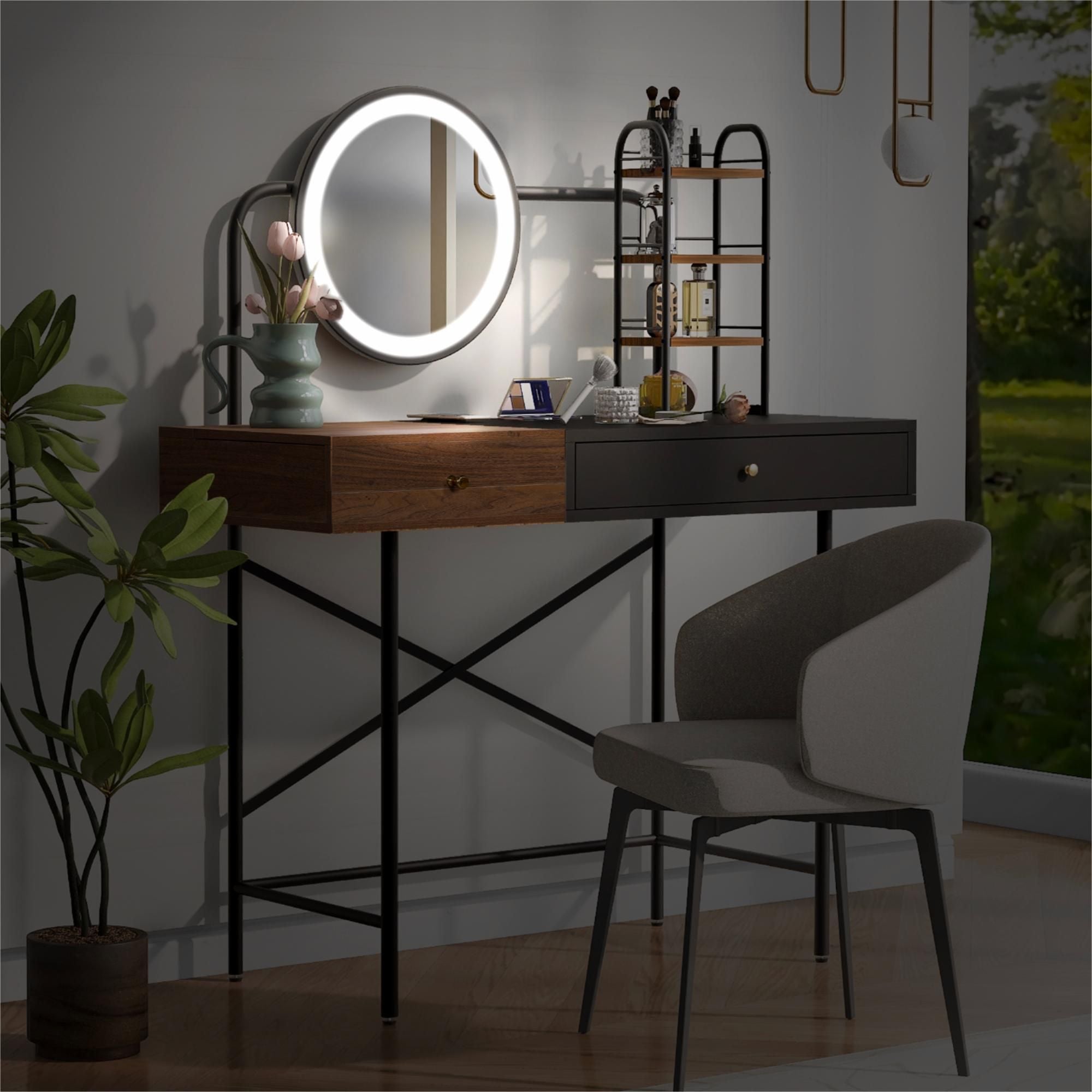 40 inch Makeup Vanity Desk with 3-Mode Lighted Mirror & Wireless Charging Station,Vanity Table with Drawer & 3 Open Shelves for Ample Storage Space,Dressing Table for Bedroom