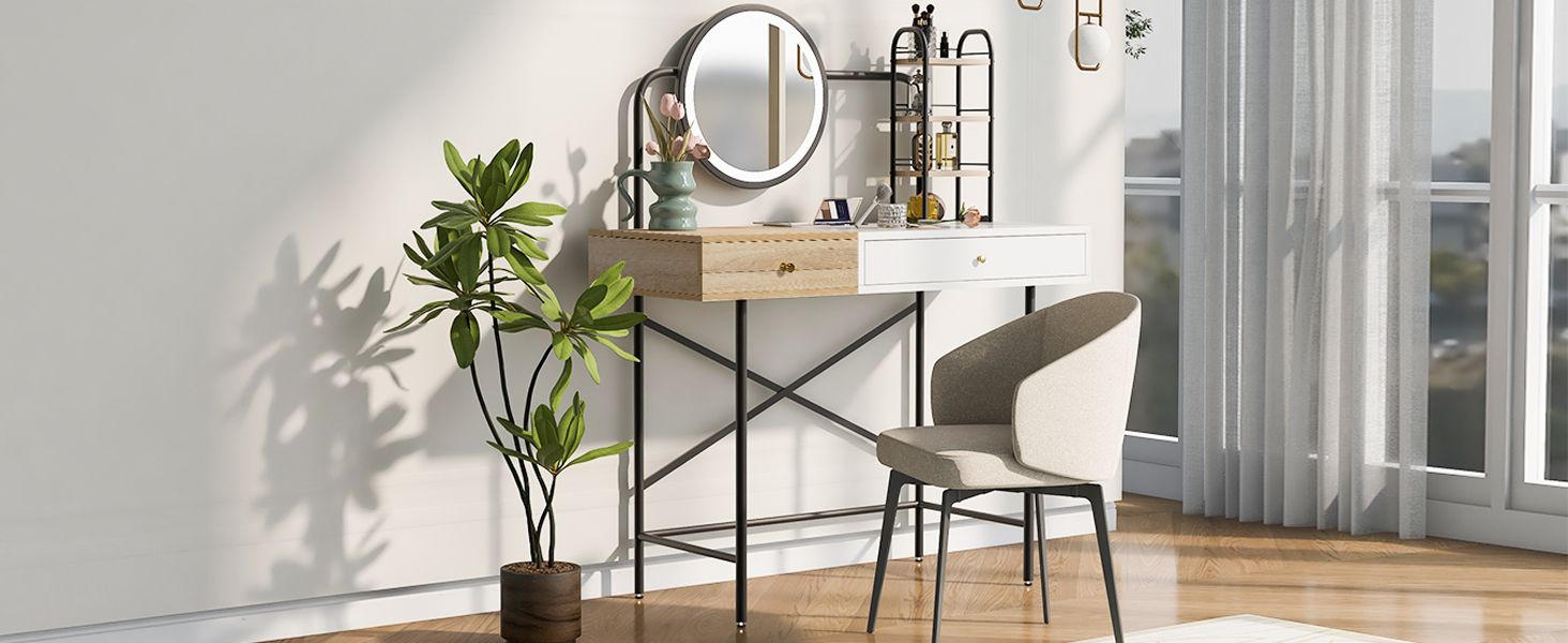 40 inch Makeup Vanity Desk with 3-Mode Lighted Mirror & Wireless Charging Station,Vanity Table with Drawer & 3 Open Shelves for Ample Storage Space,Dressing Table for Bedroom