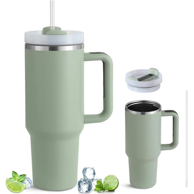 40 oz Water Tumbler Cup Stainless Steel Insulated Bottle Handle & Straw Travel