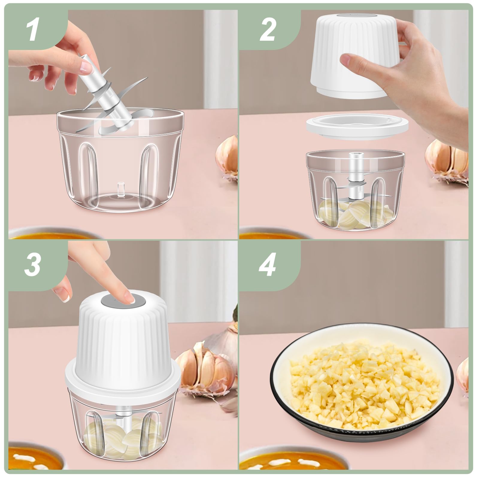 400ML Electric Garlic Chopper, 6 Blades Garlic Grinder Mini Vegetable Chopper, USB Portable Veggie Chopper, Garlic Mincer, Onion Chopper, Food Processor for Ginger, Chili, Fruit, Meat