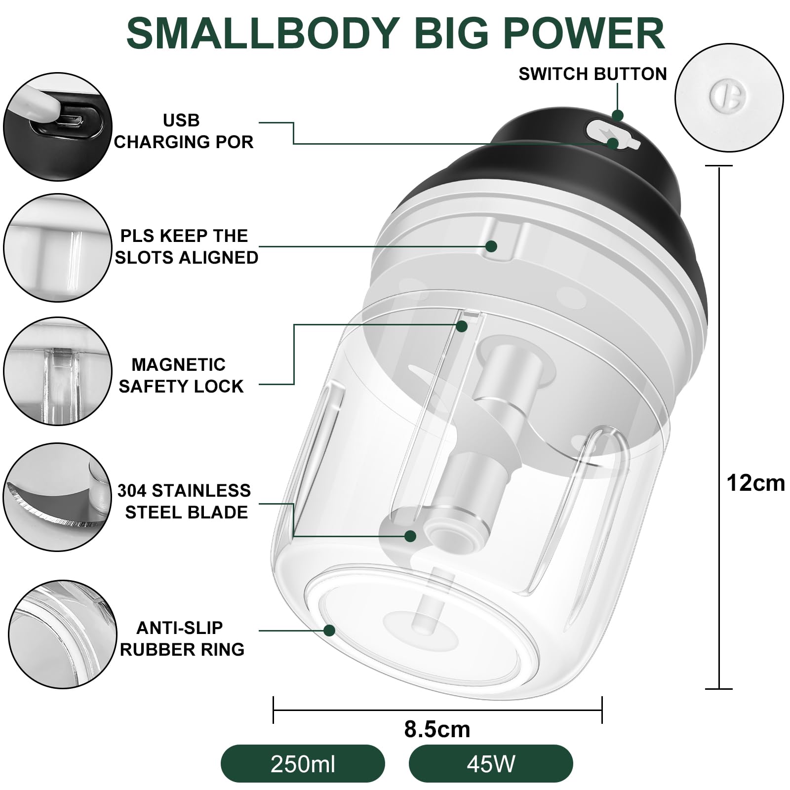 400ML Electric Garlic Chopper, 6 Blades Garlic Grinder Mini Vegetable Chopper, USB Portable Veggie Chopper, Garlic Mincer, Onion Chopper, Food Processor for Ginger, Chili, Fruit, Meat