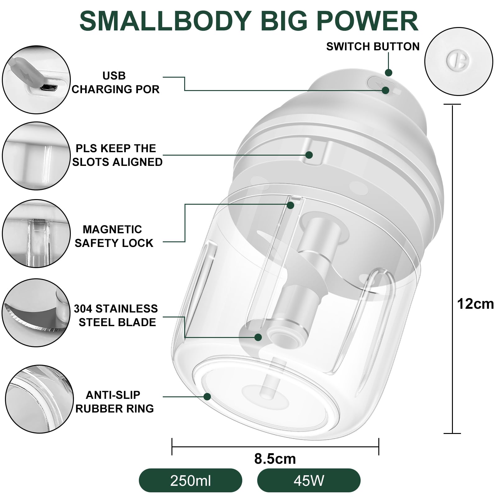400ML Electric Garlic Chopper, 6 Blades Garlic Grinder Mini Vegetable Chopper, USB Portable Veggie Chopper, Garlic Mincer, Onion Chopper, Food Processor for Ginger, Chili, Fruit, Meat