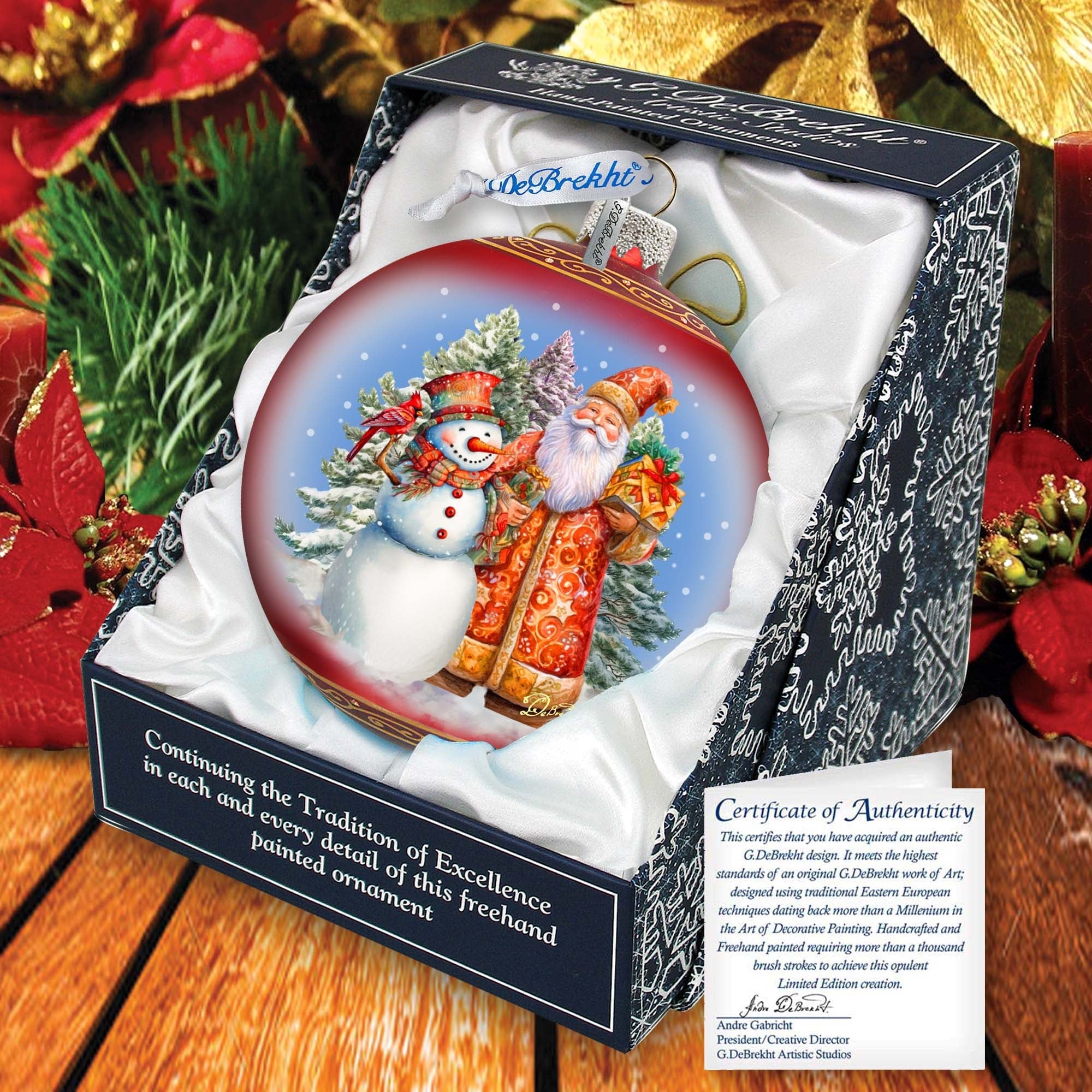 Santas Frosty Friend Lg Glass Ornament by G.Debrekht - Christmas Santa Snowman Decor - 73941