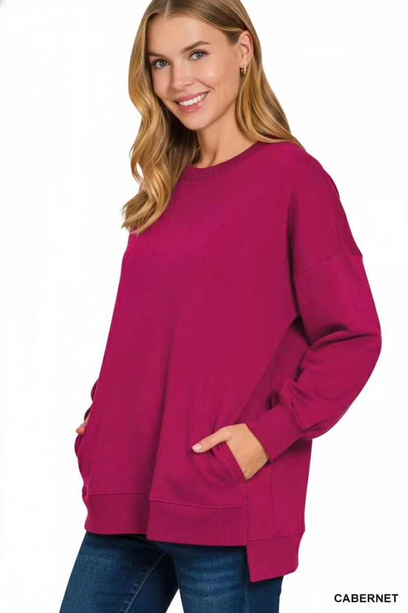 Zenana Fleece Hi-low Boyfriend Sweatshirts with Pockets