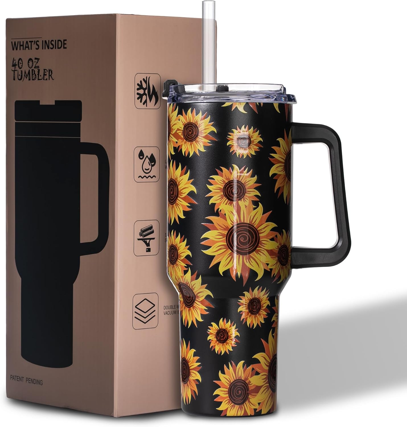 40oz Sunflower Tumbler with Handle – Sunflower Gifts for Women, Mom, Grandma, Wife & Daughter – Insulated Cup with Handle, Lid & Straw – Birthday & Mother’s Day Gifts for Best Friend, Teacher & Nurse