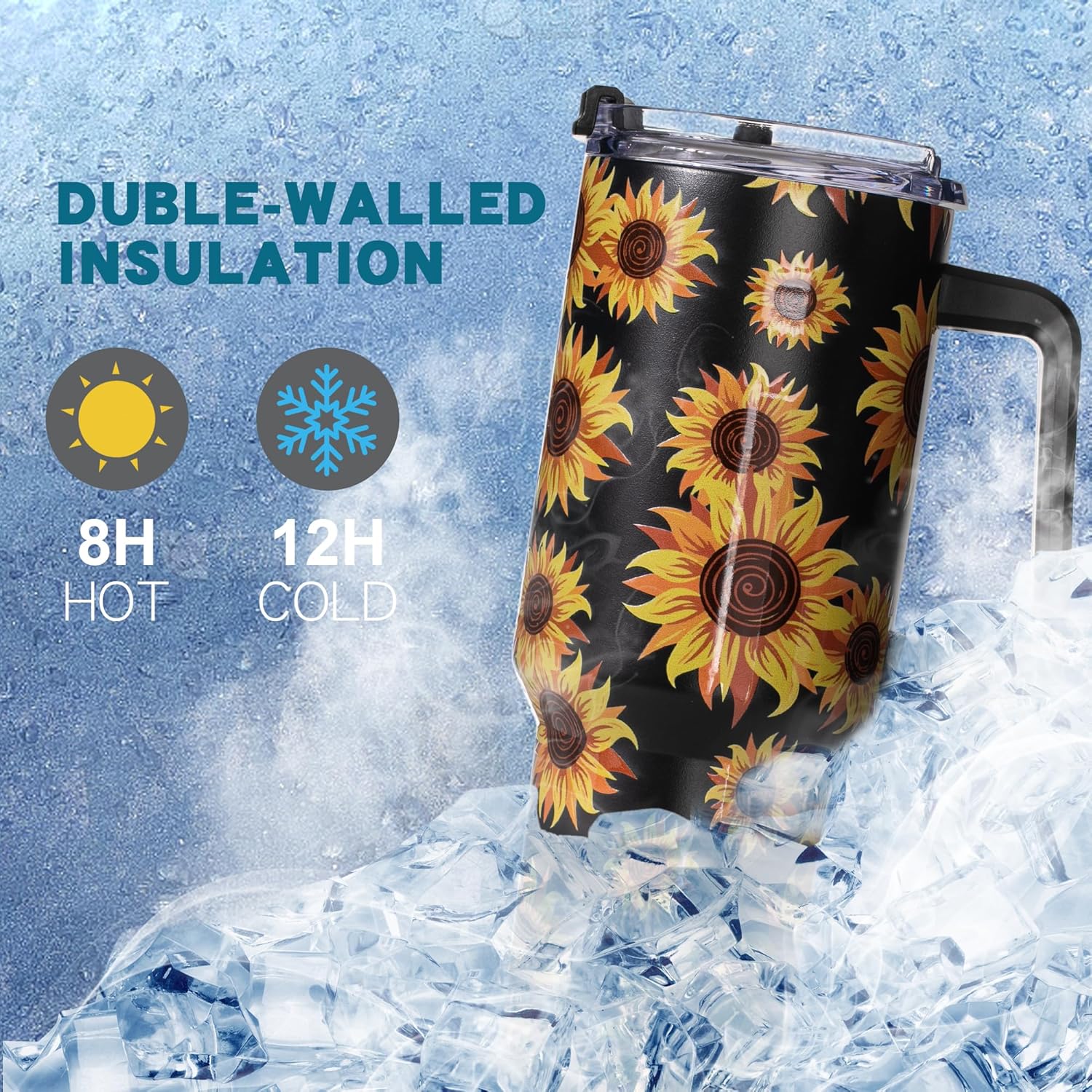 40oz Sunflower Tumbler with Handle – Sunflower Gifts for Women, Mom, Grandma, Wife & Daughter – Insulated Cup with Handle, Lid & Straw – Birthday & Mother’s Day Gifts for Best Friend, Teacher & Nurse