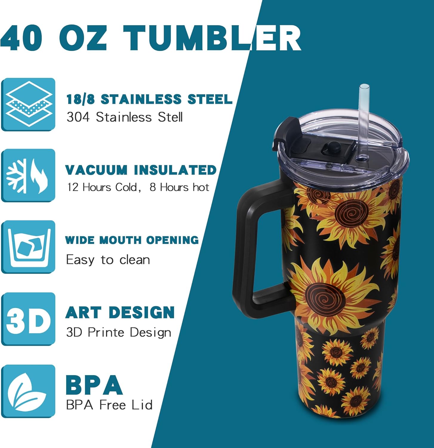 40oz Sunflower Tumbler with Handle – Sunflower Gifts for Women, Mom, Grandma, Wife & Daughter – Insulated Cup with Handle, Lid & Straw – Birthday & Mother’s Day Gifts for Best Friend, Teacher & Nurse