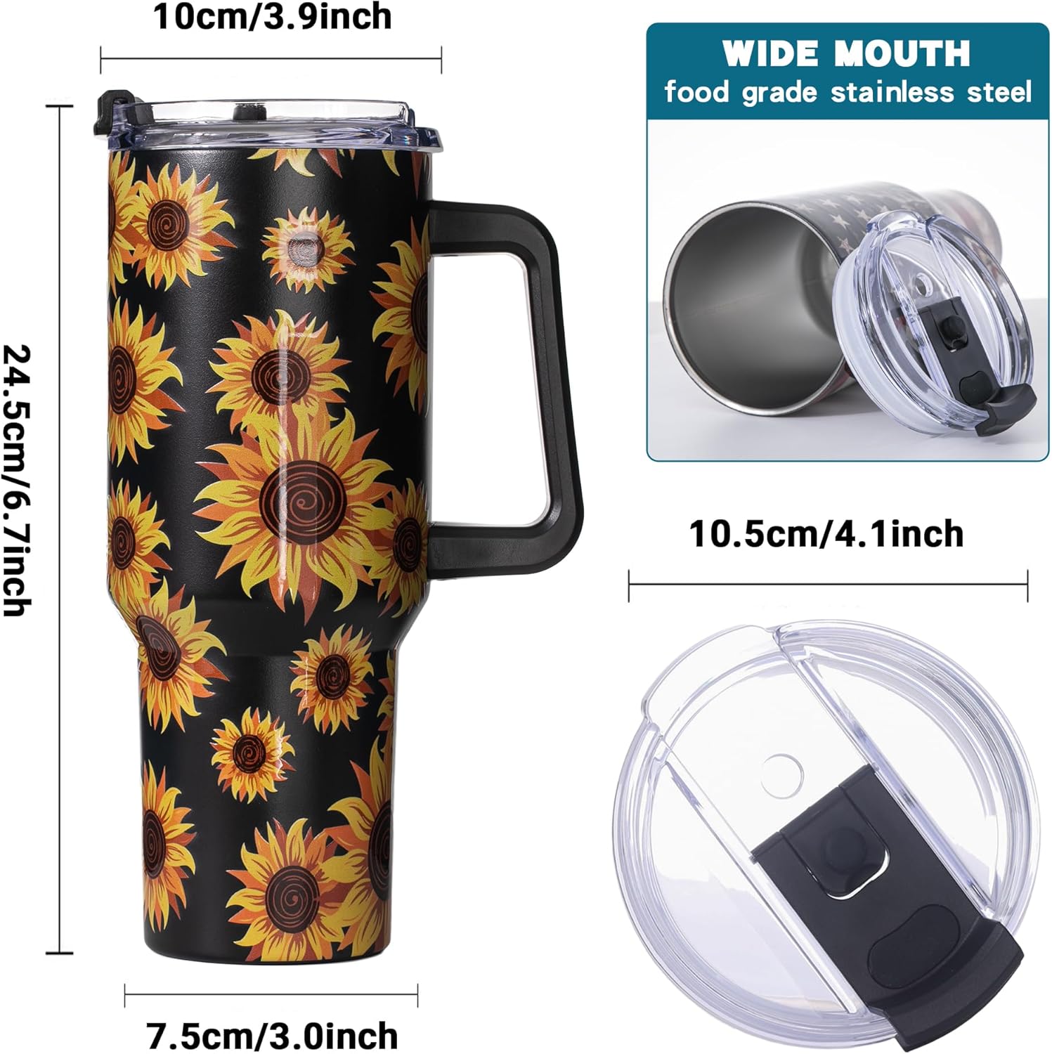 40oz Sunflower Tumbler with Handle – Sunflower Gifts for Women, Mom, Grandma, Wife & Daughter – Insulated Cup with Handle, Lid & Straw – Birthday & Mother’s Day Gifts for Best Friend, Teacher & Nurse