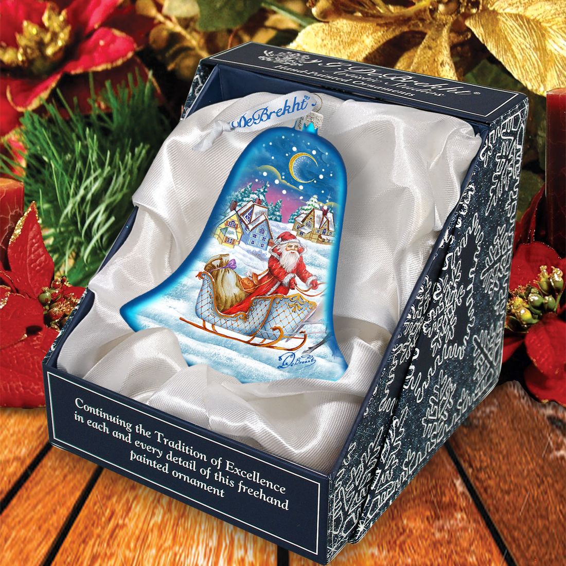 Santa Sleigh Bell Glass Ornament by G. DeBrekht - Christmas Santa Snowman Decor - 73341