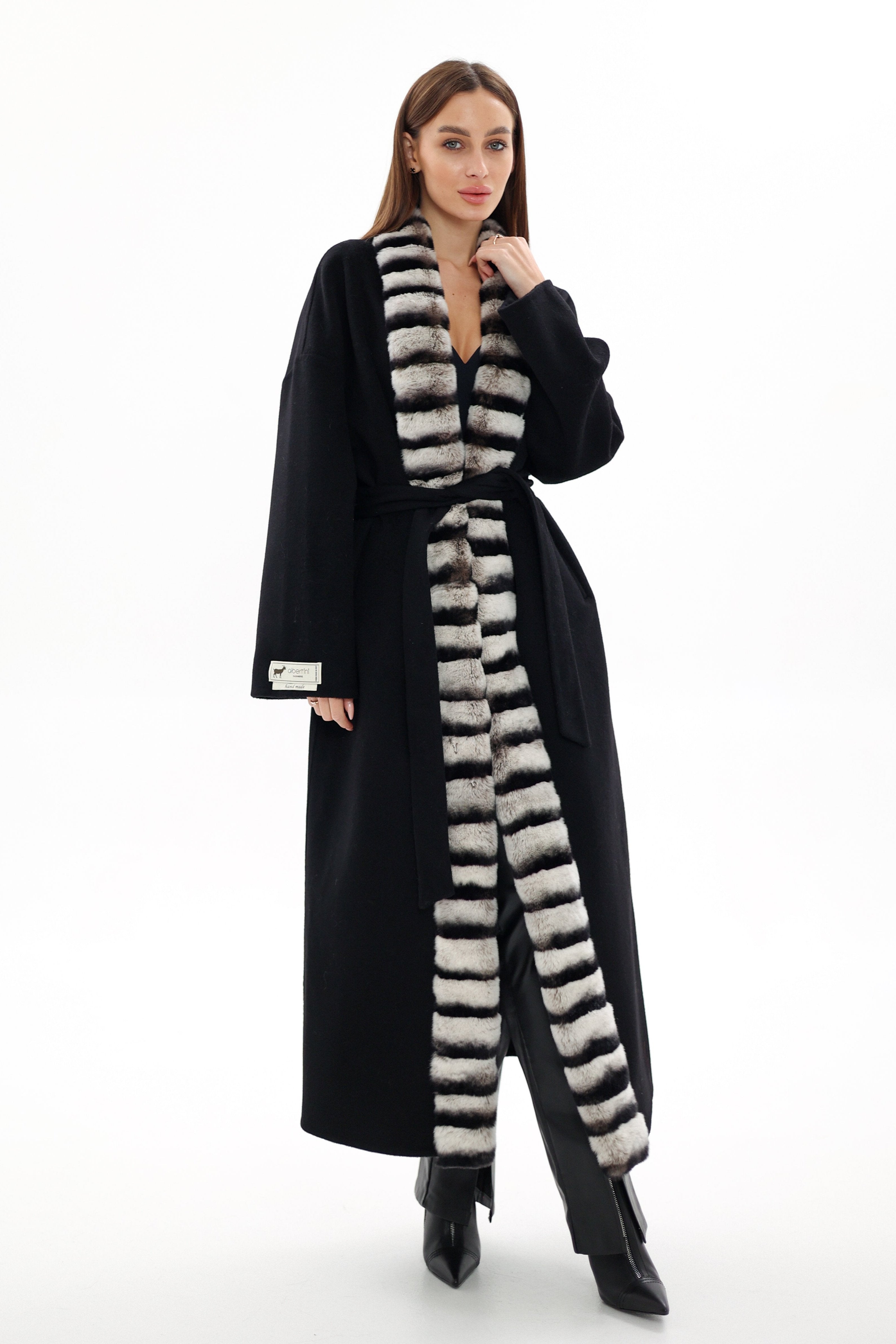 Genuine French Orylag Fur Italian Cashmere Wool Coat 130cm