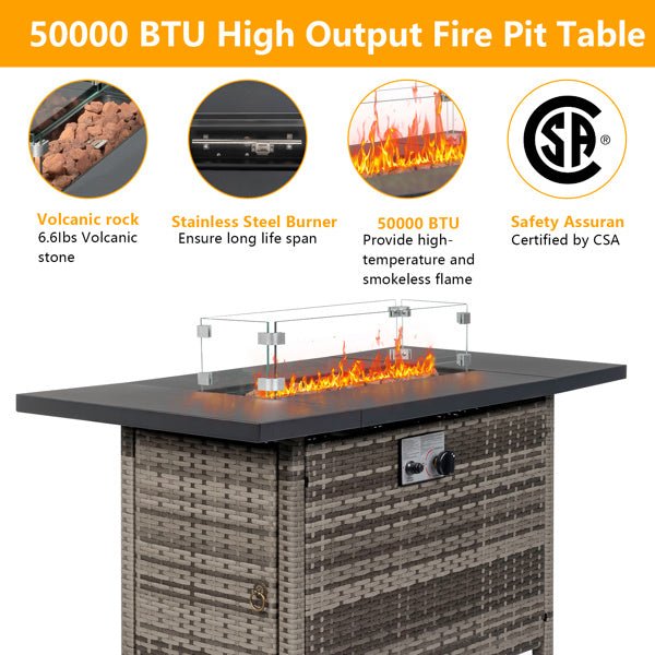 43-Inch Fire Table, 50000 BTU Gas Firepit with Volcanic Stone Black