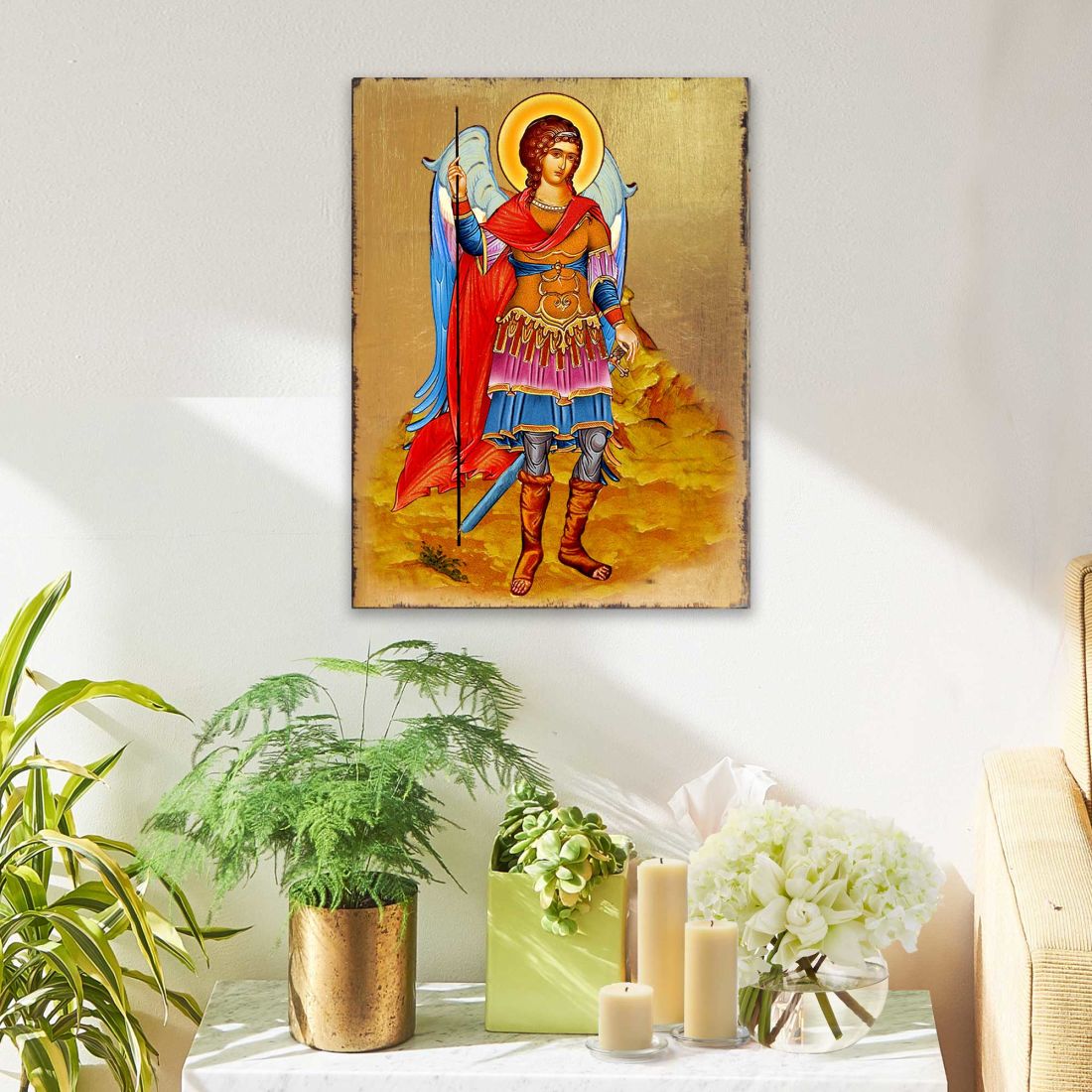 Saint Michael the Archangel Wooden Gold Plated Religious Christian Sacred Icon - Inspirational Icon Decor - 85022