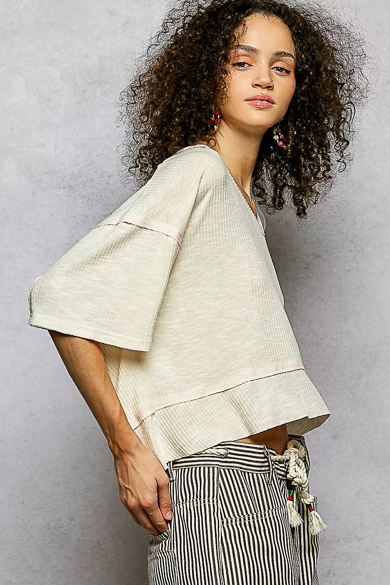 POL Short Sleeve Ccopped Rib T-Shirt with Contrast Stitch Detail