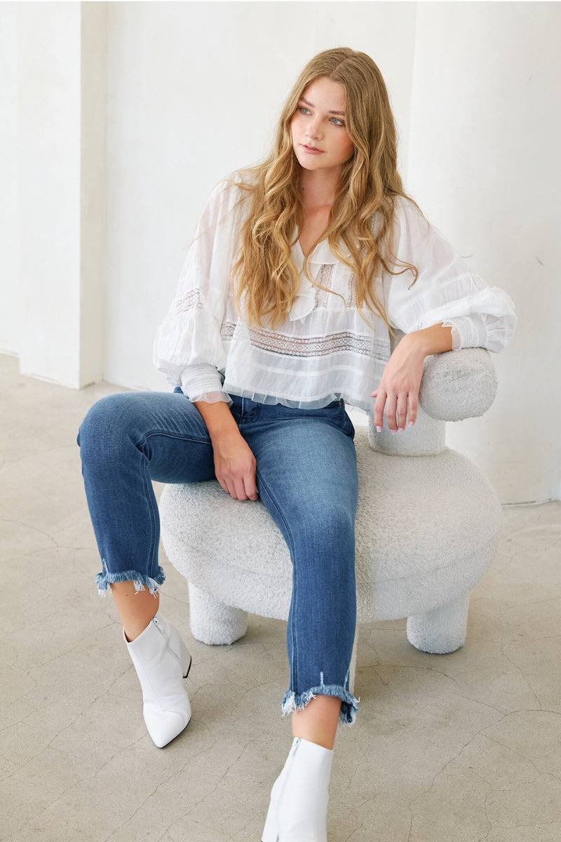 Refined Heights Corset Double Waistband Straight Frayed Hem Jeans