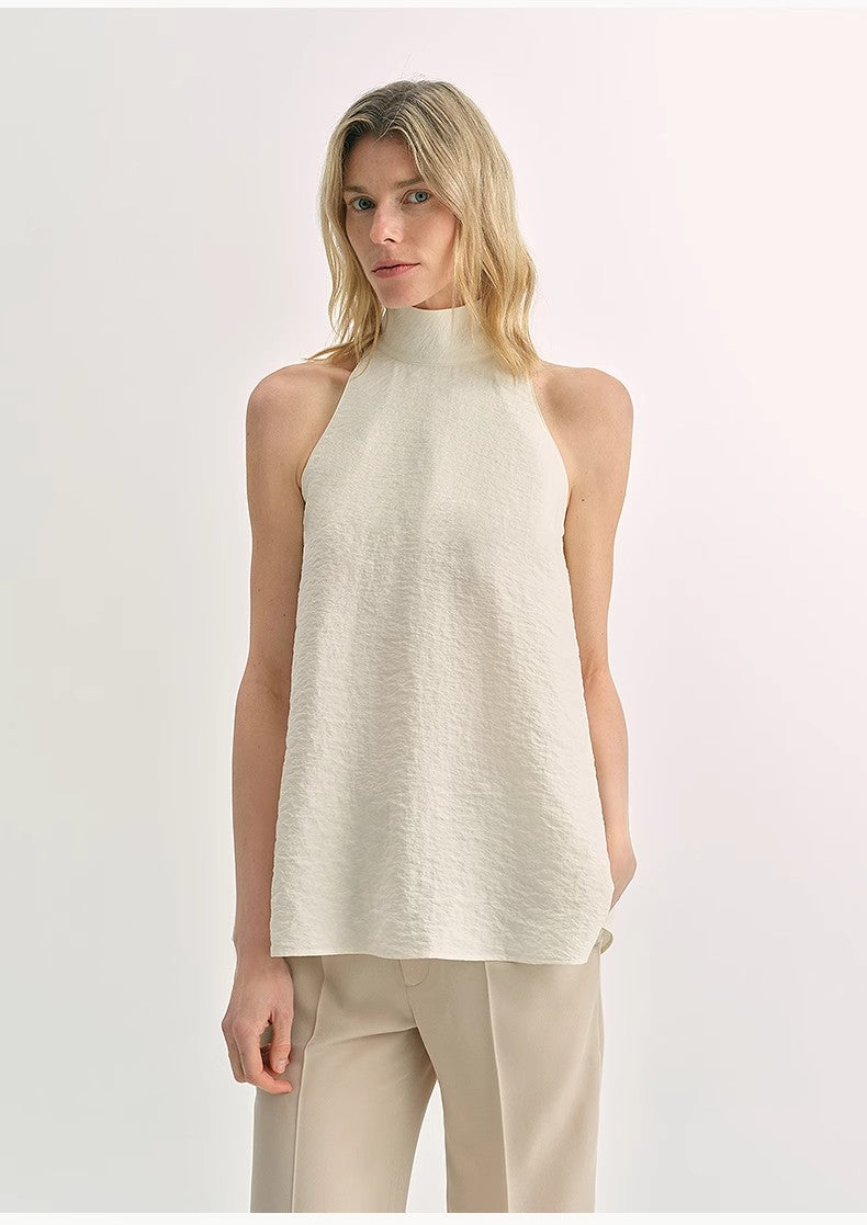 Luxury mulberry silk wrinkle-resistant small high collar A-line sleeveless top vest for women-5