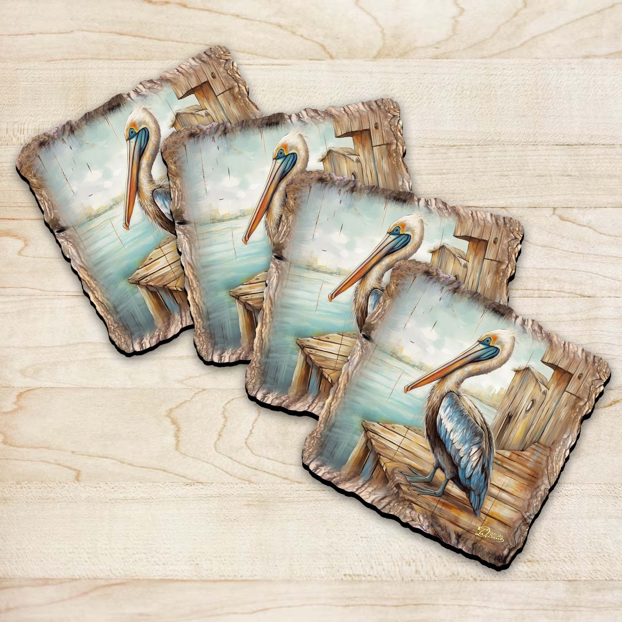 Pelican Wooden Cork Coasters Gift Set of 4 by Nature Wonders Coastal Nature Wildlife Decor - 95388C-S4