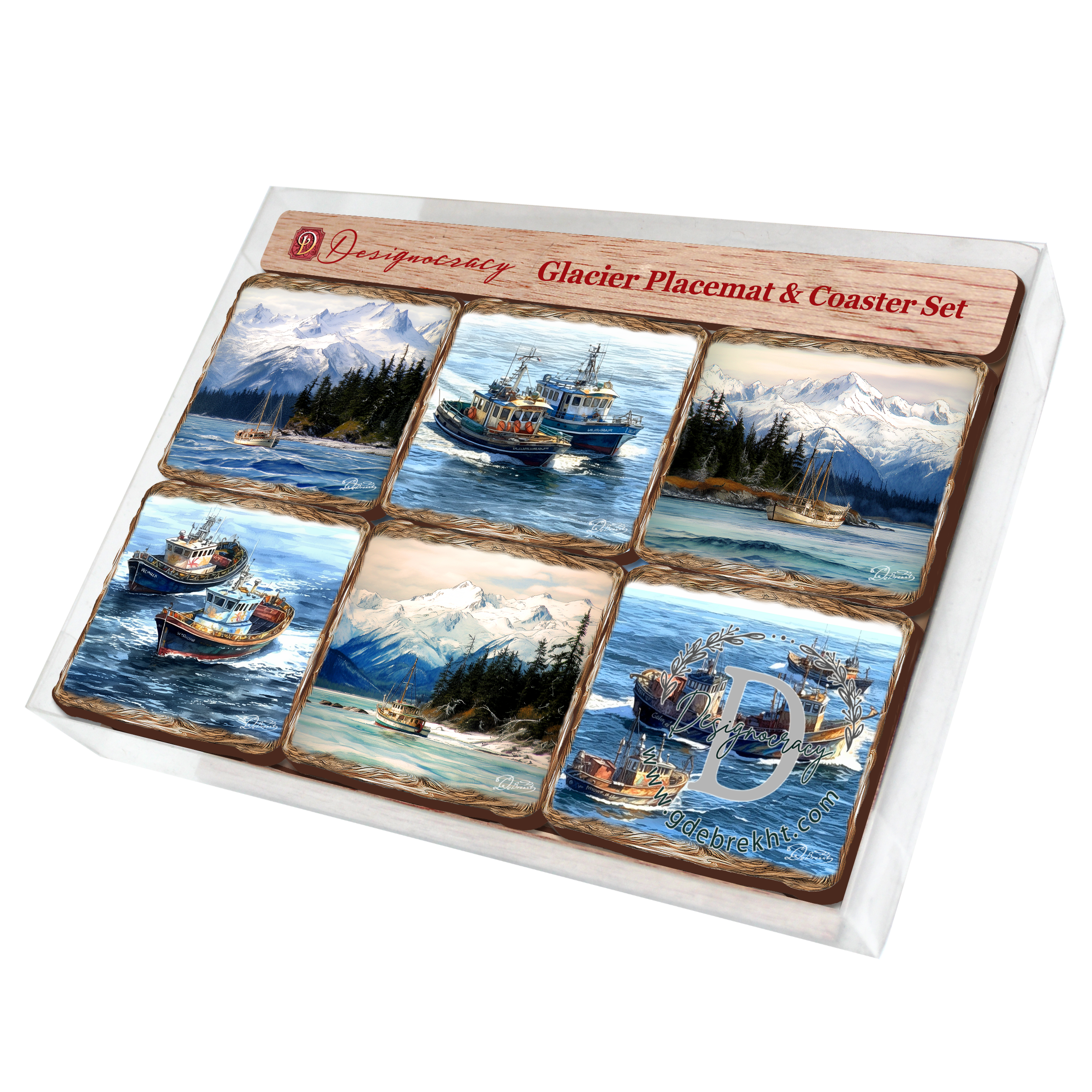 Fishing Boats Wooden Cork Placemat and Coasters Gift Set of 7 by Nature Wonders Coastal Wildlife Decor - 85405C-S7