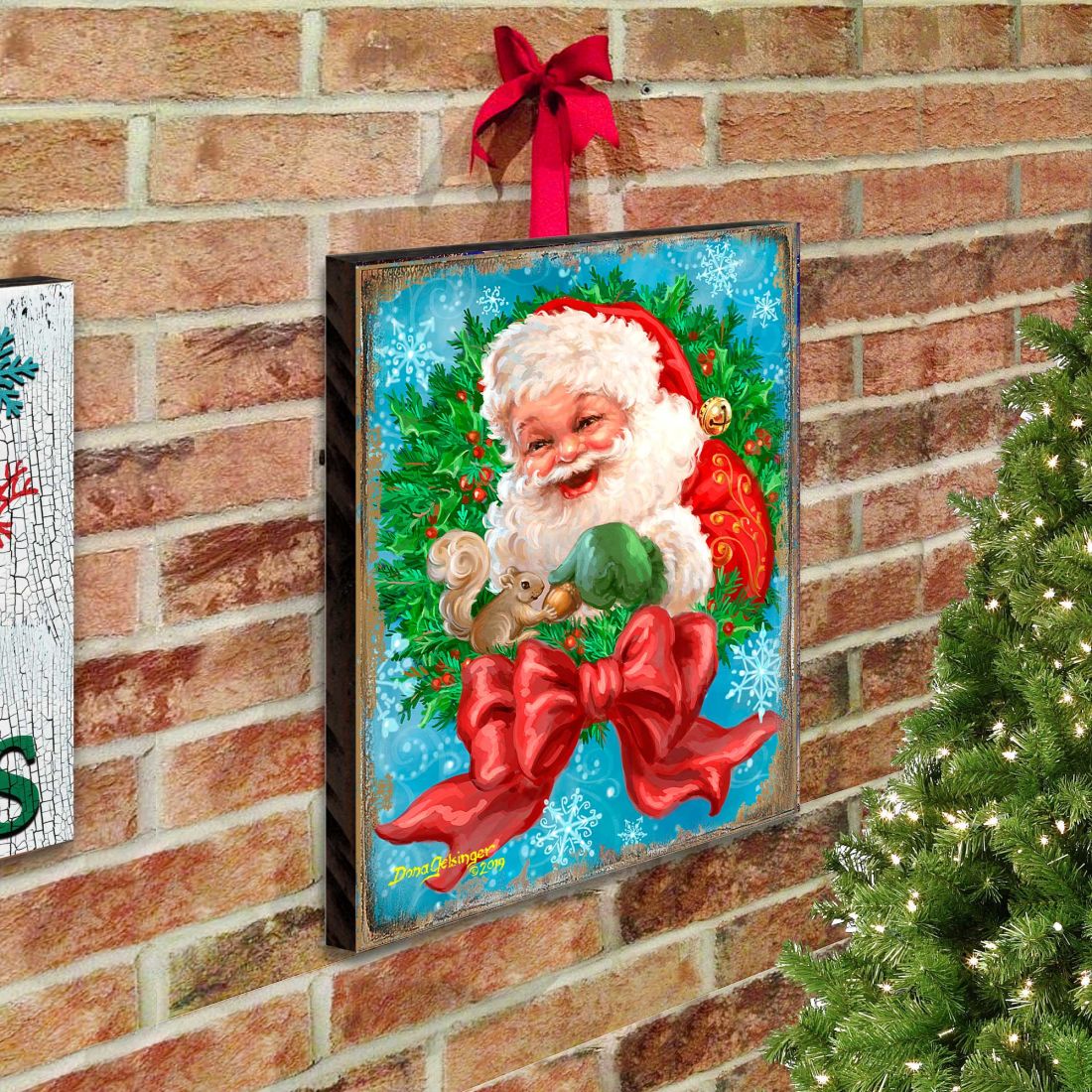 Santa Bow Wreath Art Wooden Wall Art by D. Gelsinger - Christmas Santa Snowman Decor - 95606B-1309